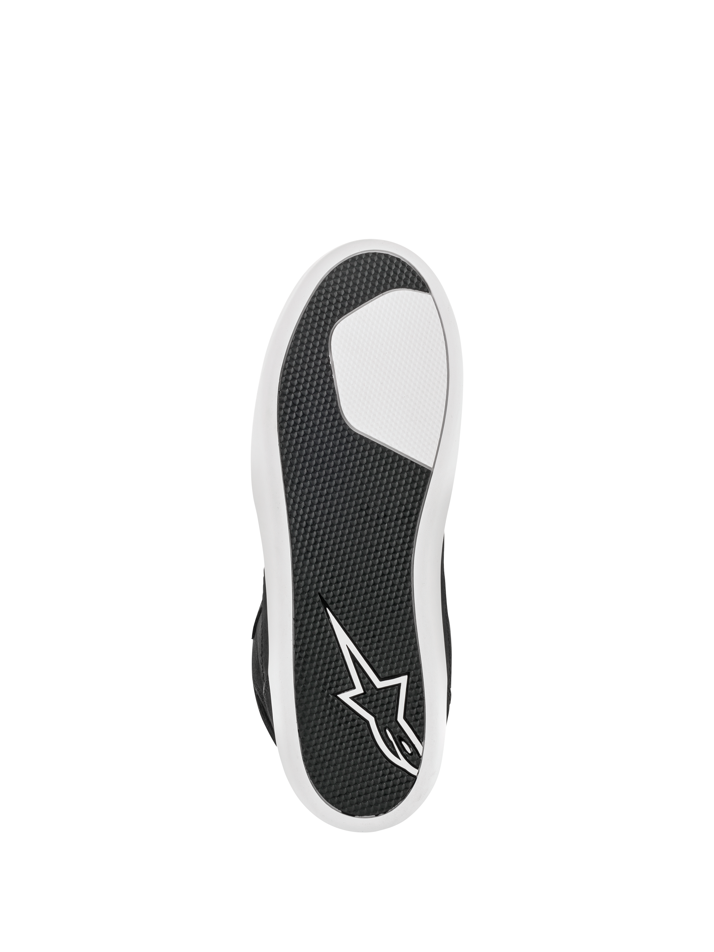 Zapato impermeable Alpinestars J-6, negro y blanco, vista inferior que muestra la suela de goma avanzada, patrón de agarre texturizado para mayor durabilidad, logotipo de estrella blanca en el talón, calzado urbano para motociclismo