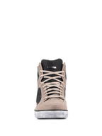 Zapato impermeable Alpinestars J-6 en Black Flint White, vista frontal, zapato de moto estilo zapatilla en cuero premium con cordones color canela, lengüeta negra perforada y suela blanca con efecto desgastado.