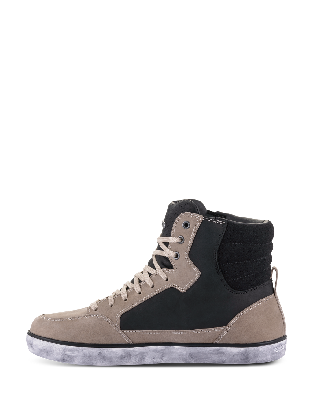 Zapato Impermeable Alpinestars J-6, calzado de moto, Negro Flint Blanco, estilo de zapatilla de bota alta con paneles de cuero en gris flint y negro, cordones crema y suela de goma blanca moteada, diseño urbano casual para motociclismo