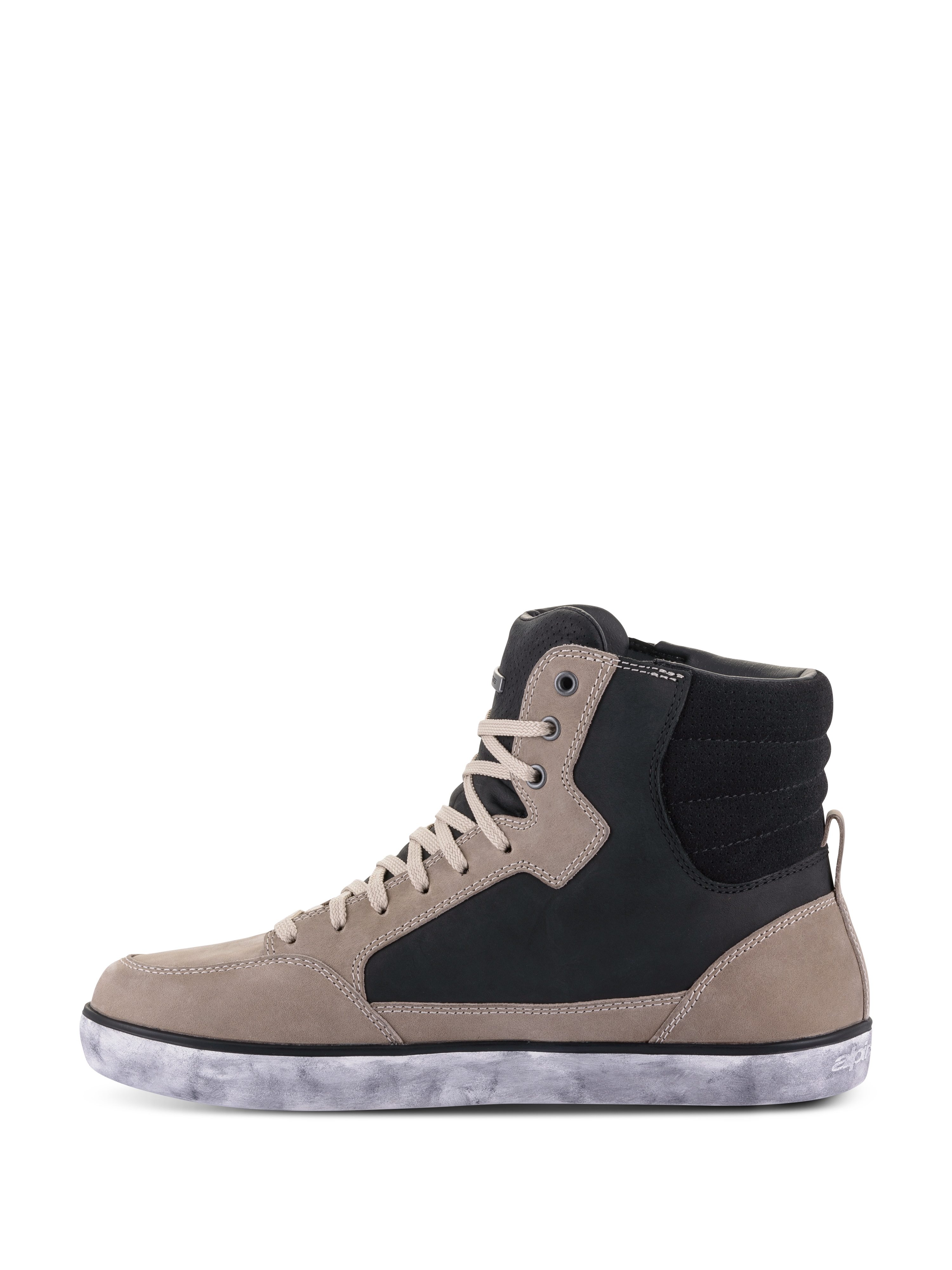 Zapato Impermeable Alpinestars J-6, calzado de moto, Negro Flint Blanco, estilo de zapatilla de bota alta con paneles de cuero en gris flint y negro, cordones crema y suela de goma blanca moteada, diseño urbano casual para motociclismo