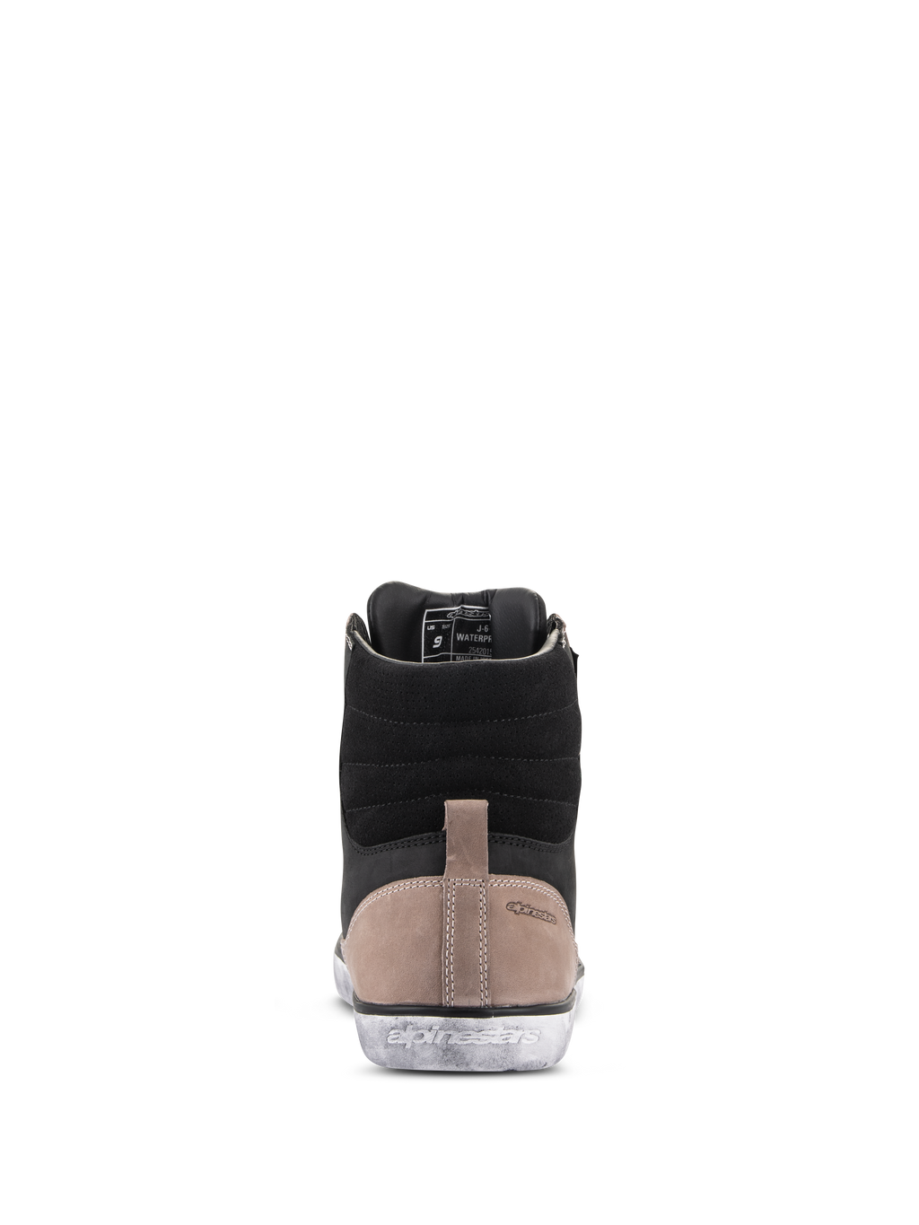 Zapato Impermeable Alpinestars J-6, zapato para moto, Negro Flint Blanco, vista trasera que muestra la parte superior de cuero negro, panel del talón de color canela con logotipo en relieve y suela de goma blanca con efecto desgastado y marca Alpinestars
