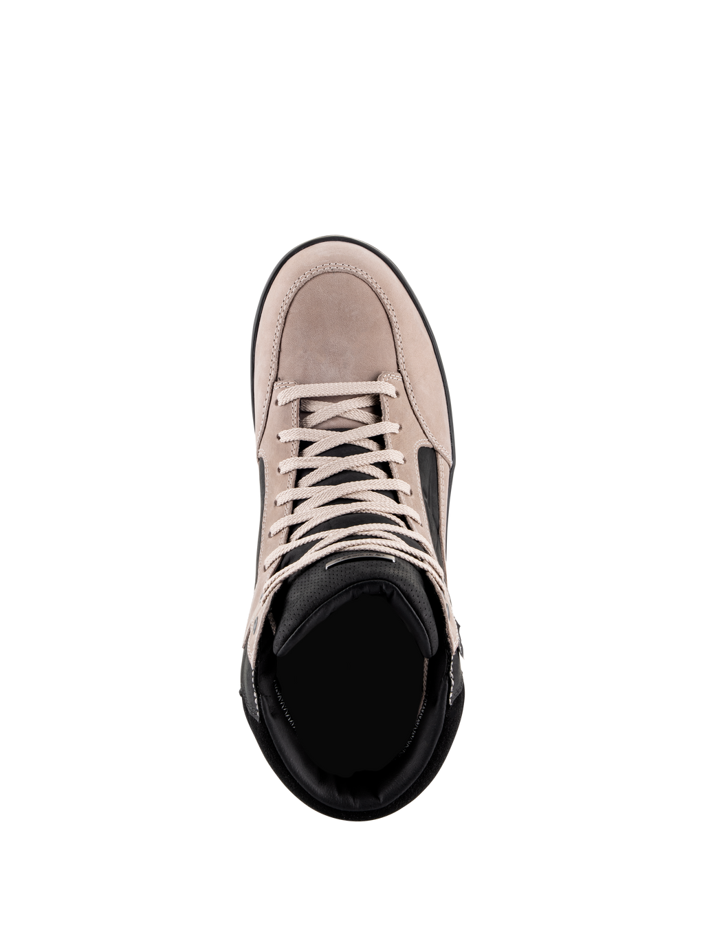 Zapato Impermeable Alpinestars J-6, zapato de moto urbano, Black Flint White, vista cenital que muestra la parte superior de cuero de ante, cordones blancos y cuello acolchado negro, diseño informal inspirado en zapatillas para trayectos urbanos en moto
