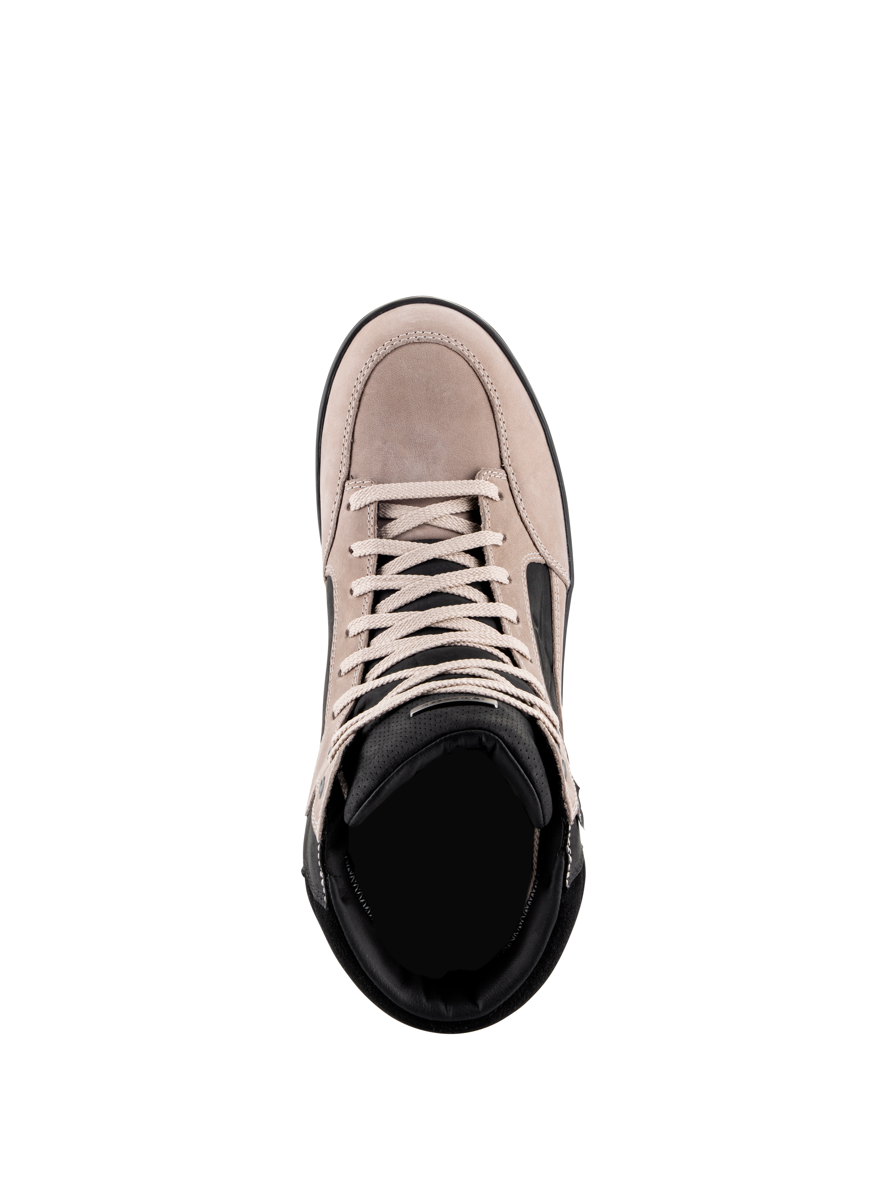 Zapato Impermeable Alpinestars J-6, zapato de moto urbano, Black Flint White, vista cenital que muestra la parte superior de cuero de ante, cordones blancos y cuello acolchado negro, diseño informal inspirado en zapatillas para trayectos urbanos en moto