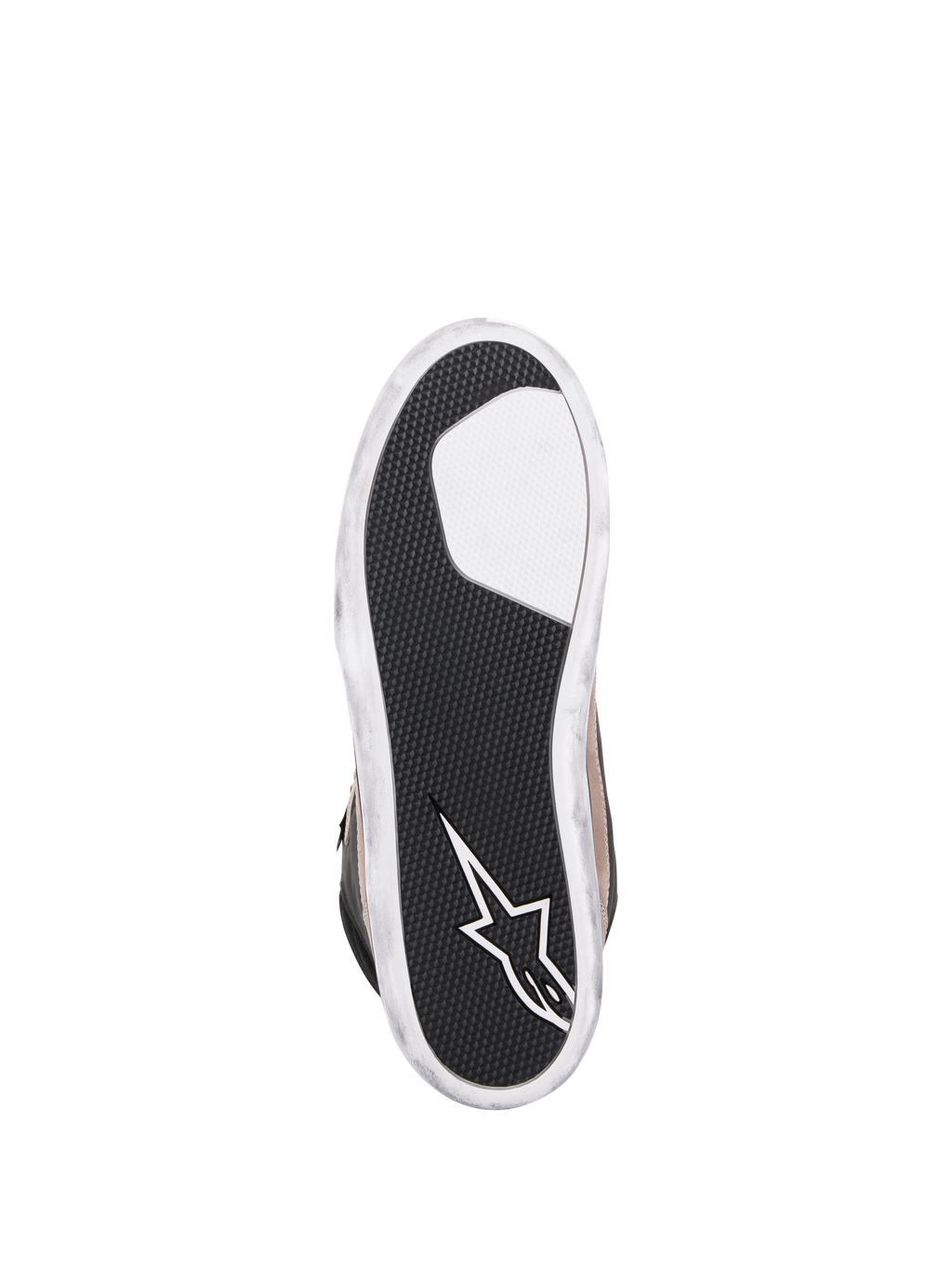 Zapato Impermeable Alpinestars J-6, zapato para motociclismo, color Negro Flint Blanco, vista inferior de la suela con goma negra texturizada para mayor agarre, logotipo de la estrella de Alpinestars en blanco en el talón y bordes blancos con efecto desgastado