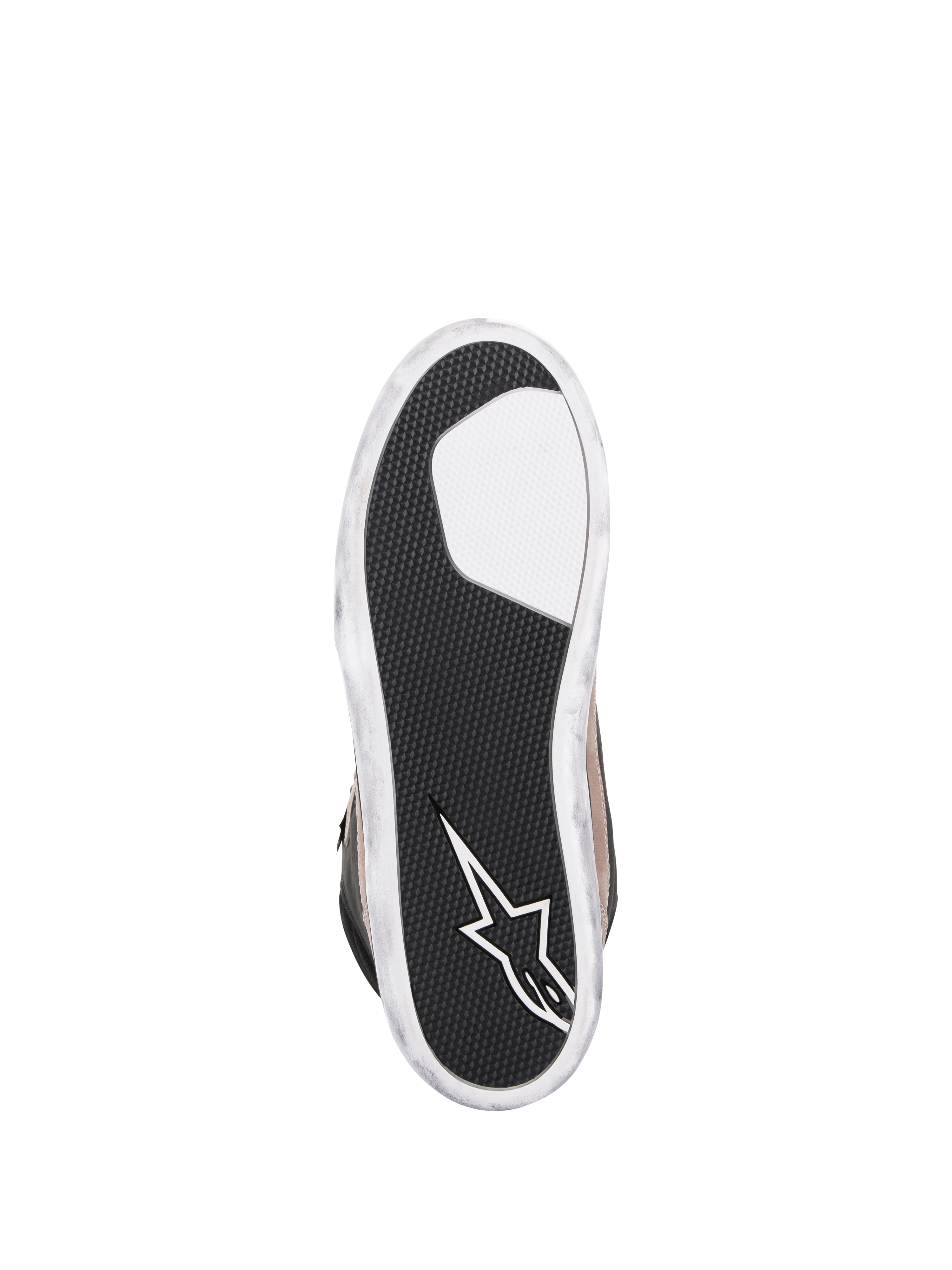 Zapato Impermeable Alpinestars J-6, zapato para motociclismo, color Negro Flint Blanco, vista inferior de la suela con goma negra texturizada para mayor agarre, logotipo de la estrella de Alpinestars en blanco en el talón y bordes blancos con efecto desgastado