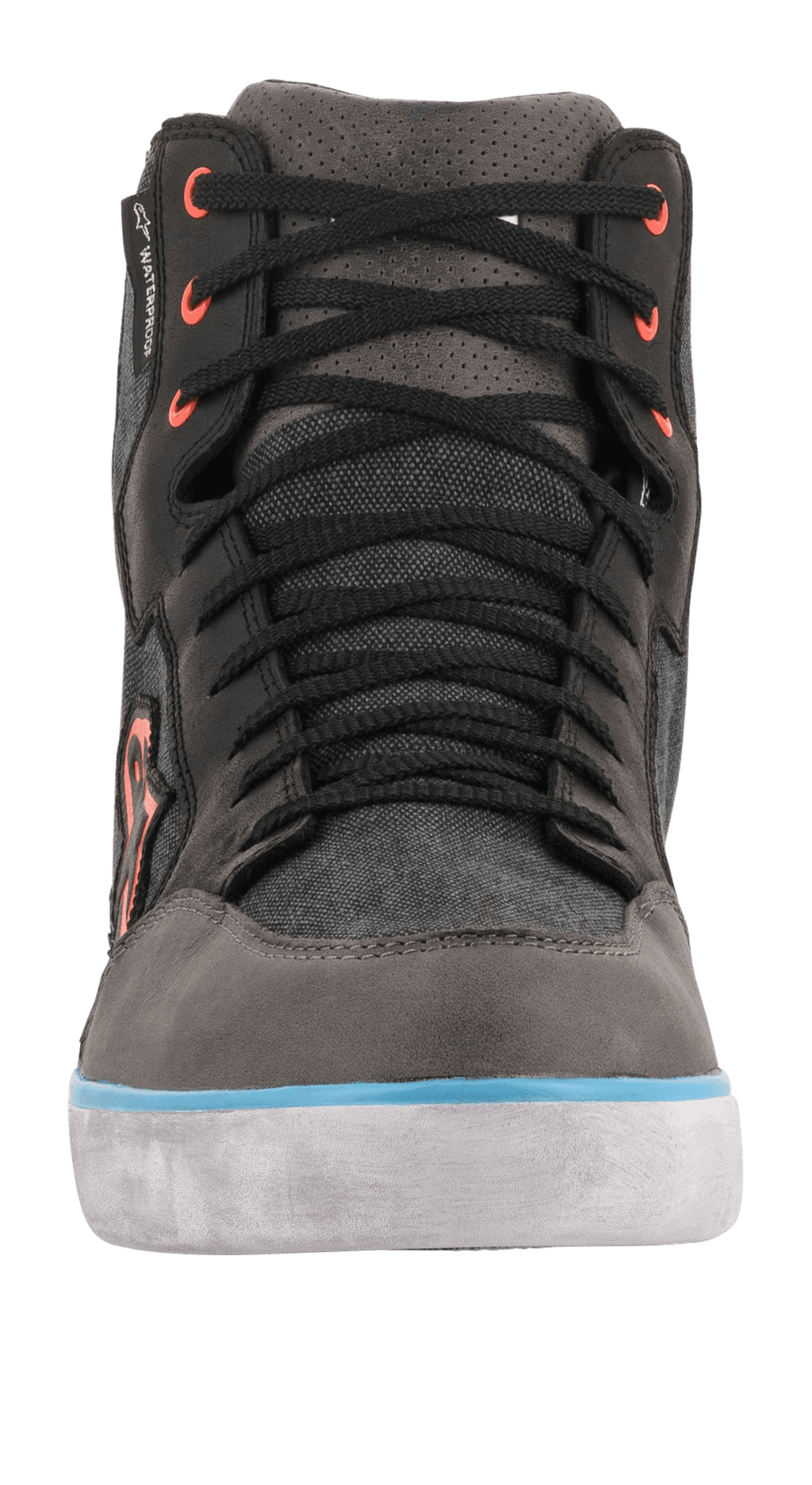 Alpinestars J-6 Waterproof Canvas, vista frontal, color negro y antracita con detalles en azul claro en la suela y ojales naranjas, bota de moto tipo zapatilla con membrana impermeable