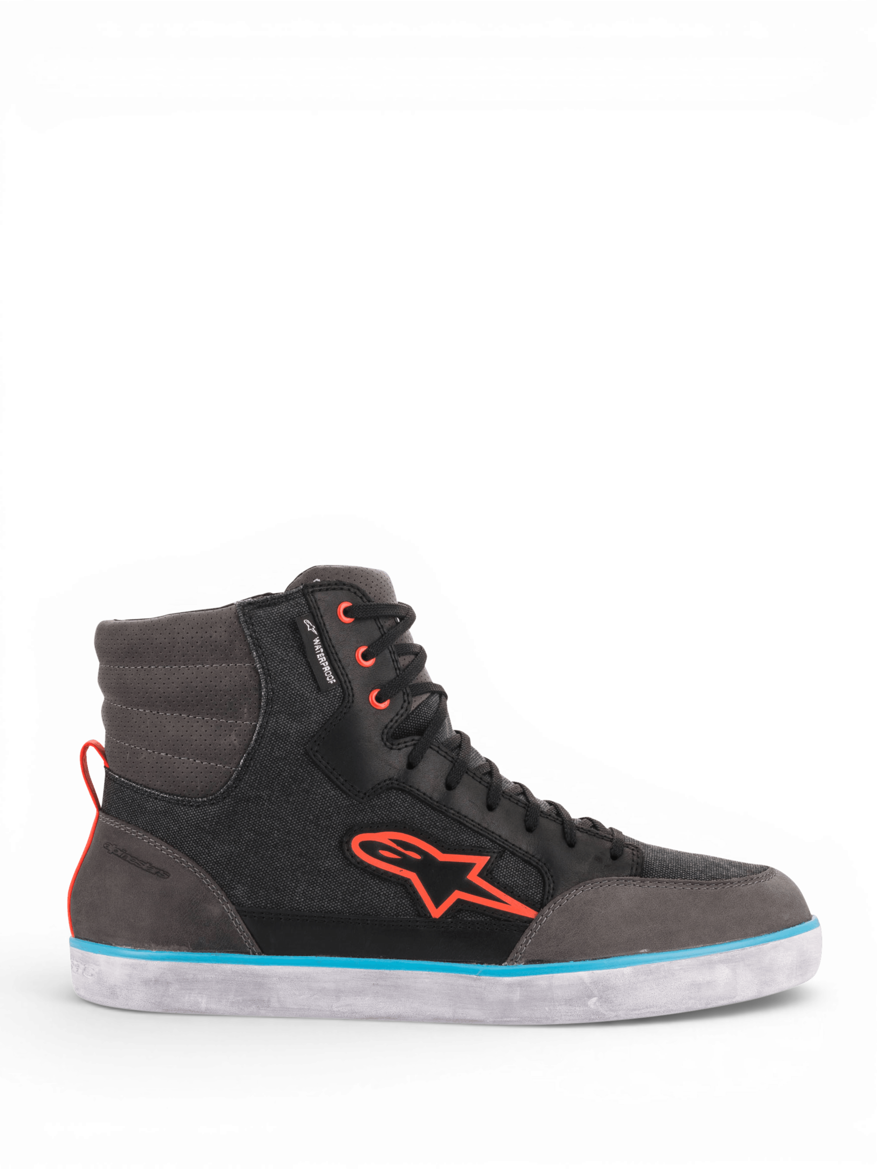 Alpinestars J-6 Waterproof Canvas, zapatos de moto para hombre, negros y grises con detalles azul y naranja, certificados CE.