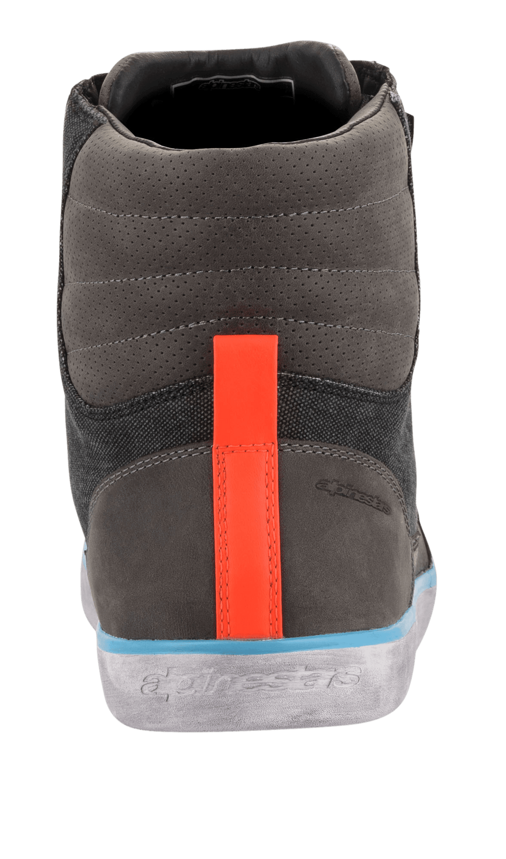 Alpinestars J-6 Waterproof Canvas Riding Shoe, vista trasera, parte superior en gris y antracita con una franja naranja brillante en el talón, ribete azul claro sobre una suela gris con efecto desgastado, bota de moto de estilo urbano tipo zapatilla con logotipo en relieve