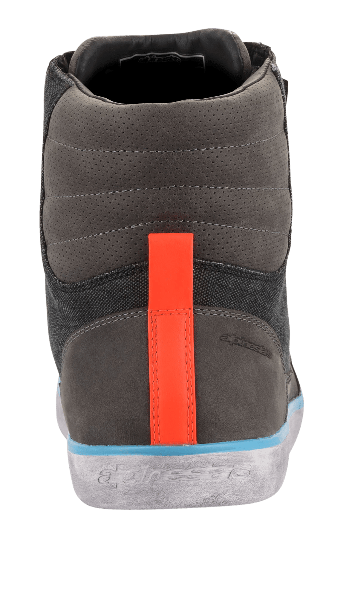 Alpinestars J-6 Waterproof Canvas Riding Shoe, vista trasera, parte superior en gris y antracita con una franja naranja brillante en el talón, ribete azul claro sobre una suela gris con efecto desgastado, bota de moto de estilo urbano tipo zapatilla con logotipo en relieve