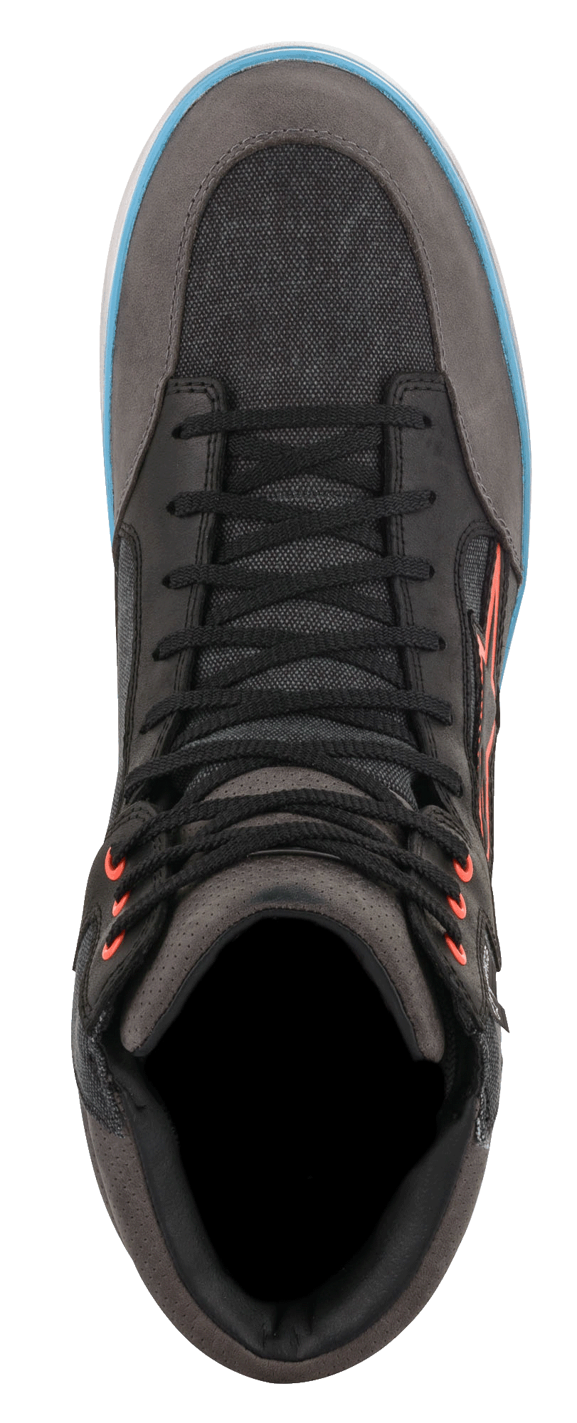 Alpinestars J-6 Canvas Impermeable, negro y antracita, vista superior que muestra paneles de lona texturizada y cuero, cordones negros con ojales naranjas, detalle de la suela en azul claro, calzado de motocicleta de estilo casual tipo zapatilla
