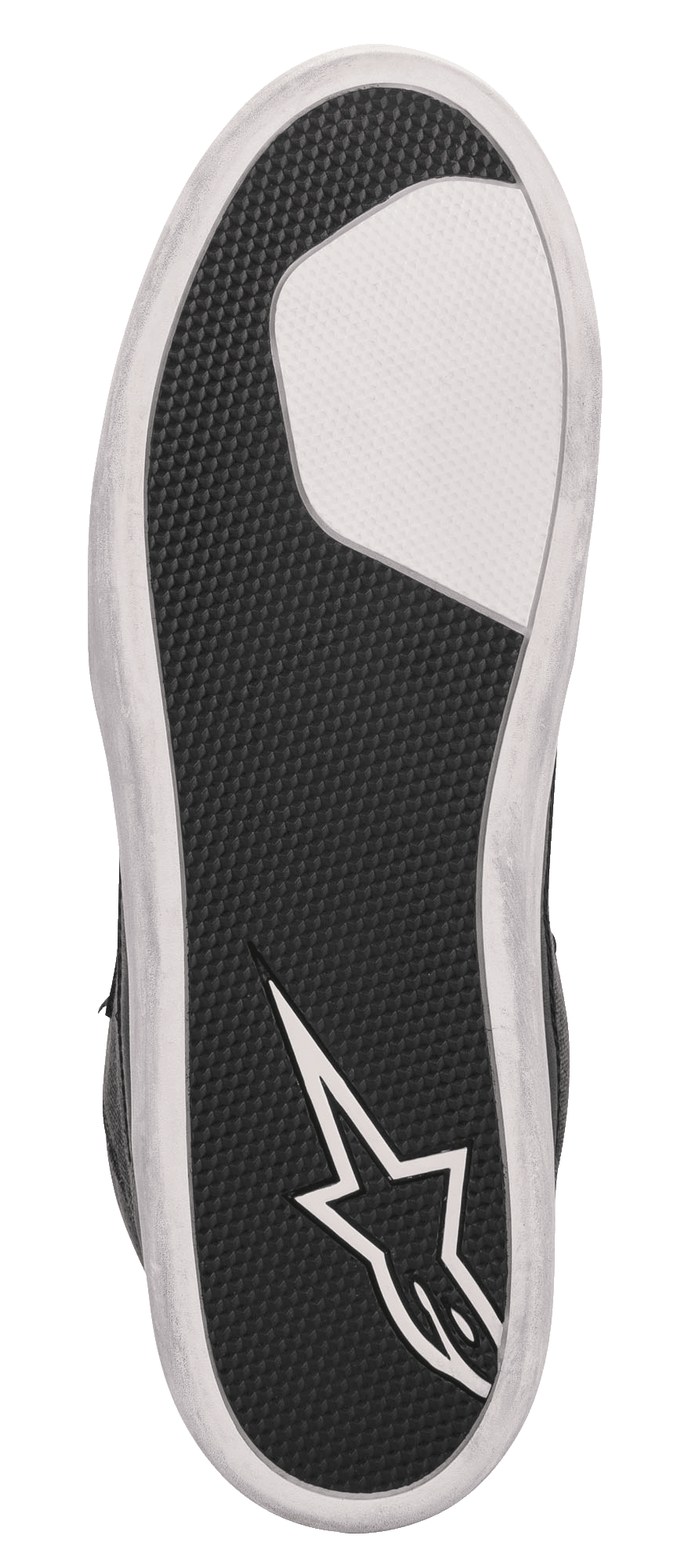 Zapato de moto Alpinestars J-6 Waterproof Canvas, vista de la suela, goma negra texturizada con sección blanca en el antepié y logotipo de estrella Alpinestars blanco en el talón, diseño de suela de goma duradera para motociclismo