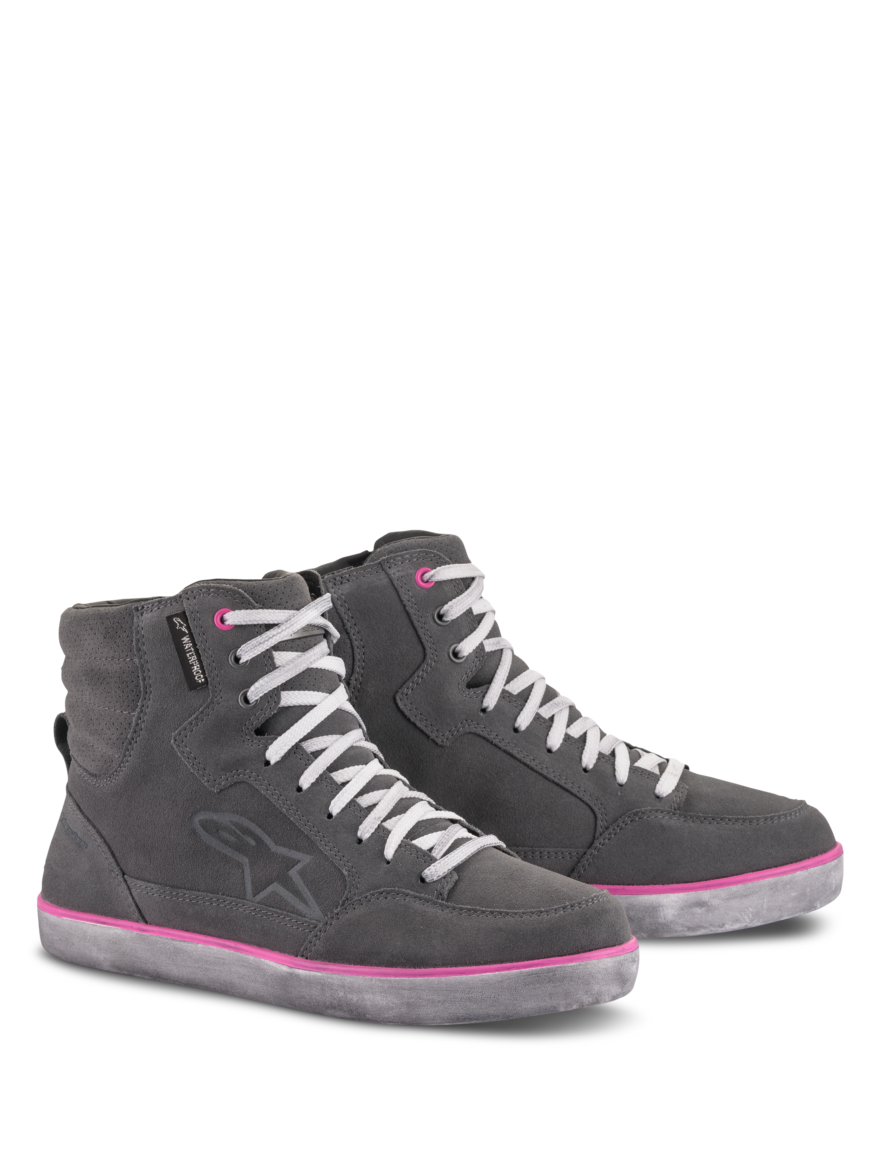 Alpinestars Women's J-6 Waterproof Shoes, Riding Shoes, Light Gray with Fuchsia accents, high-top sneaker-style design, suede and leather upper, white laces, pink trim on sole and eyelets, urban motorcycle gear