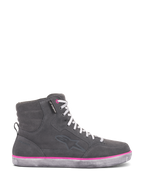 Alpinestars Women's J-6 Waterproof Shoes, sneaker-style motorcycle riding shoe, dark gray suede and leather upper with white laces, vibrant fuchsia accents along the sole, and a waterproof tag, designed for urban road use.