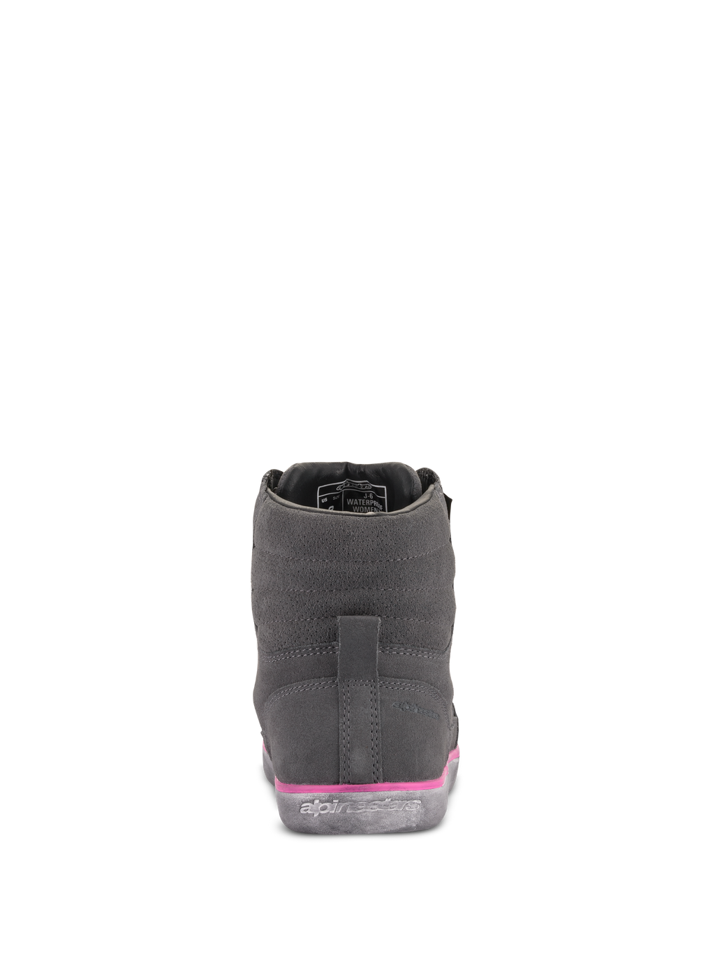 Alpinestars Women's J-6 Waterproof Riding Shoe, Gray and Fuchsia, rear view, suede upper with pink midsole detail and embossed logo on the rubber sole, urban motorcycle footwear