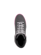 Alpinestars Women's J-6 Waterproof Shoes, Riding Shoes, Gray and Fuchsia, top-down view showing suede and leather construction, light gray laces, and bright pink sole trim.