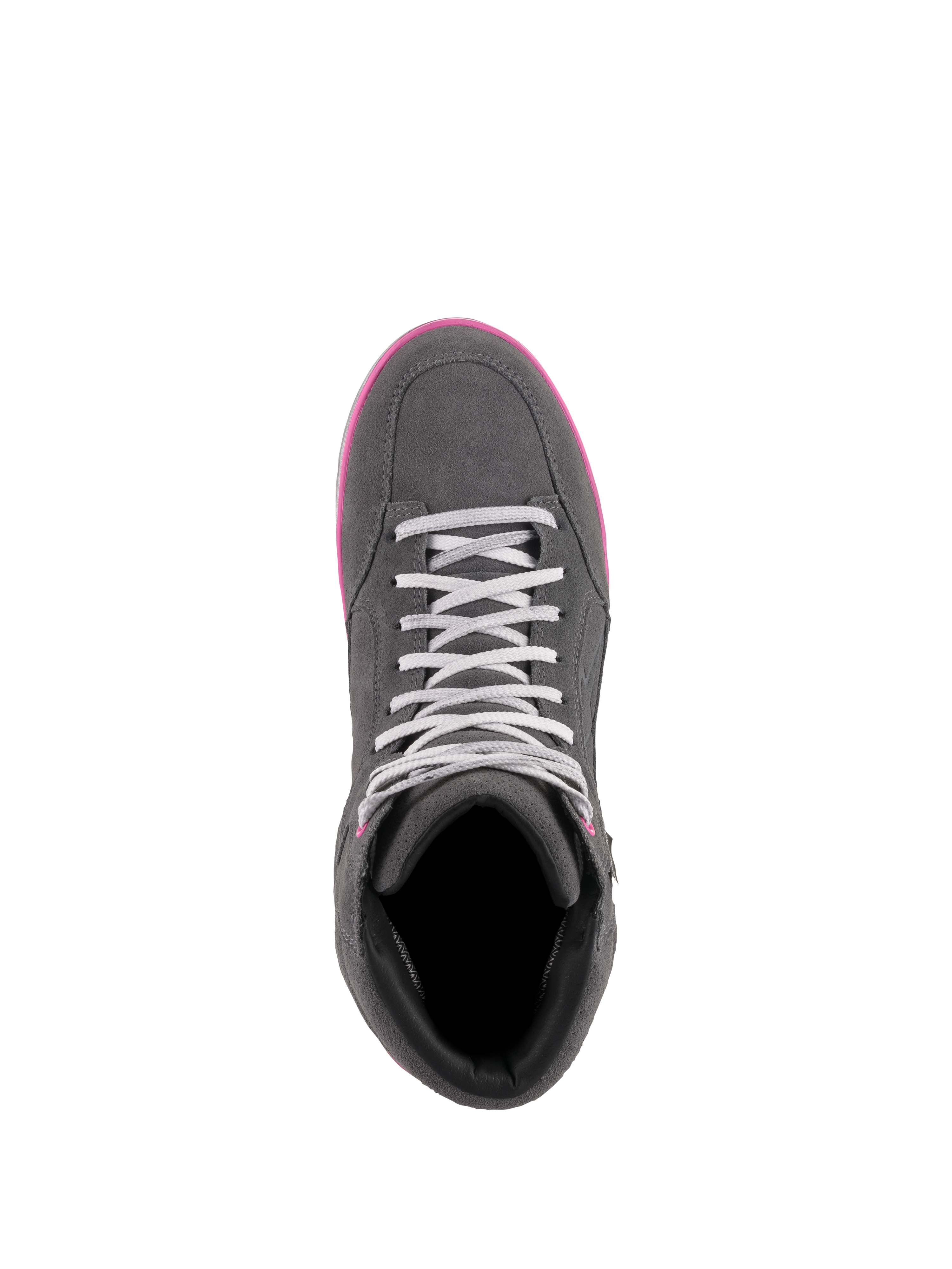Alpinestars Women's J-6 Waterproof Shoes, Riding Shoes, Gray and Fuchsia, top-down view showing suede and leather construction, light gray laces, and bright pink sole trim.