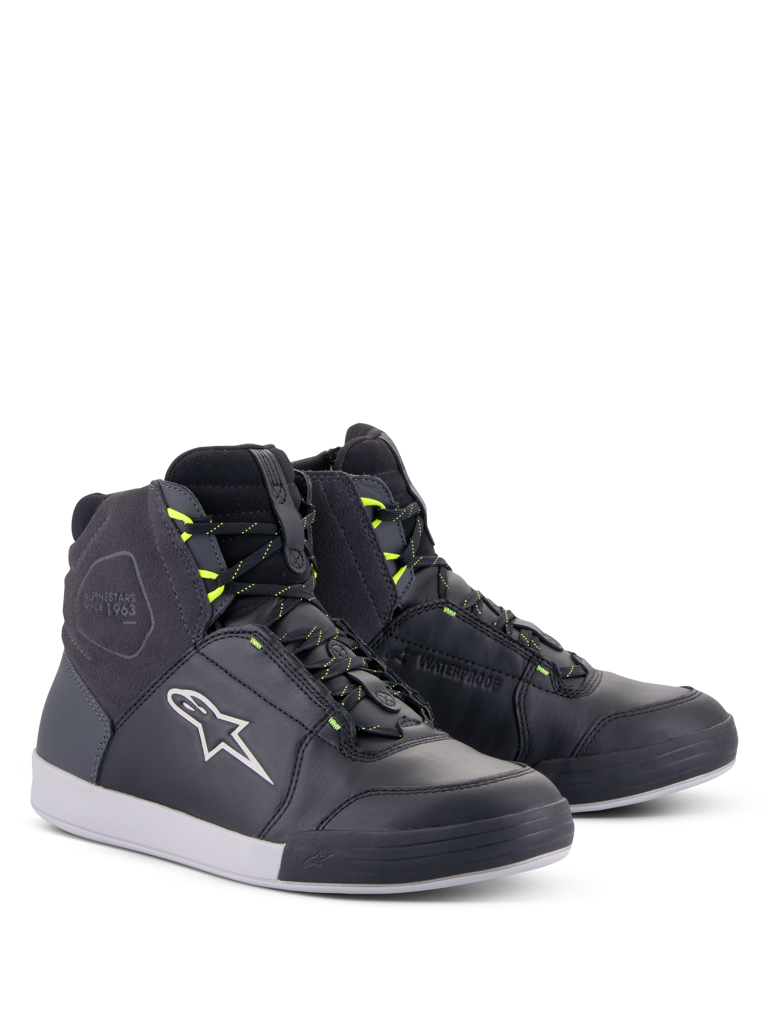 Alpinestars Chrome Drystar® Shoes, Urban Motorcycle Riding Shoes, Black Dark Gray and Yellow Fluo, high-top silhouette with premium leather and suede, featuring white Alpinestars logo and neon yellow lace loops, casual street-styled protective footwear