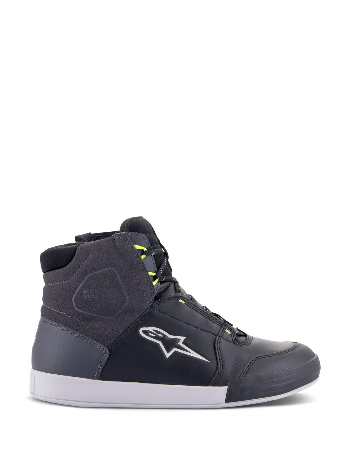 Alpinestars Chrome Drystar Shoes, urban motorcycle riding sneakers in Black, Dark Gray, and Yellow Fluo, featuring premium leather and suede panels, white sole, neon yellow laces, and signature star logo.