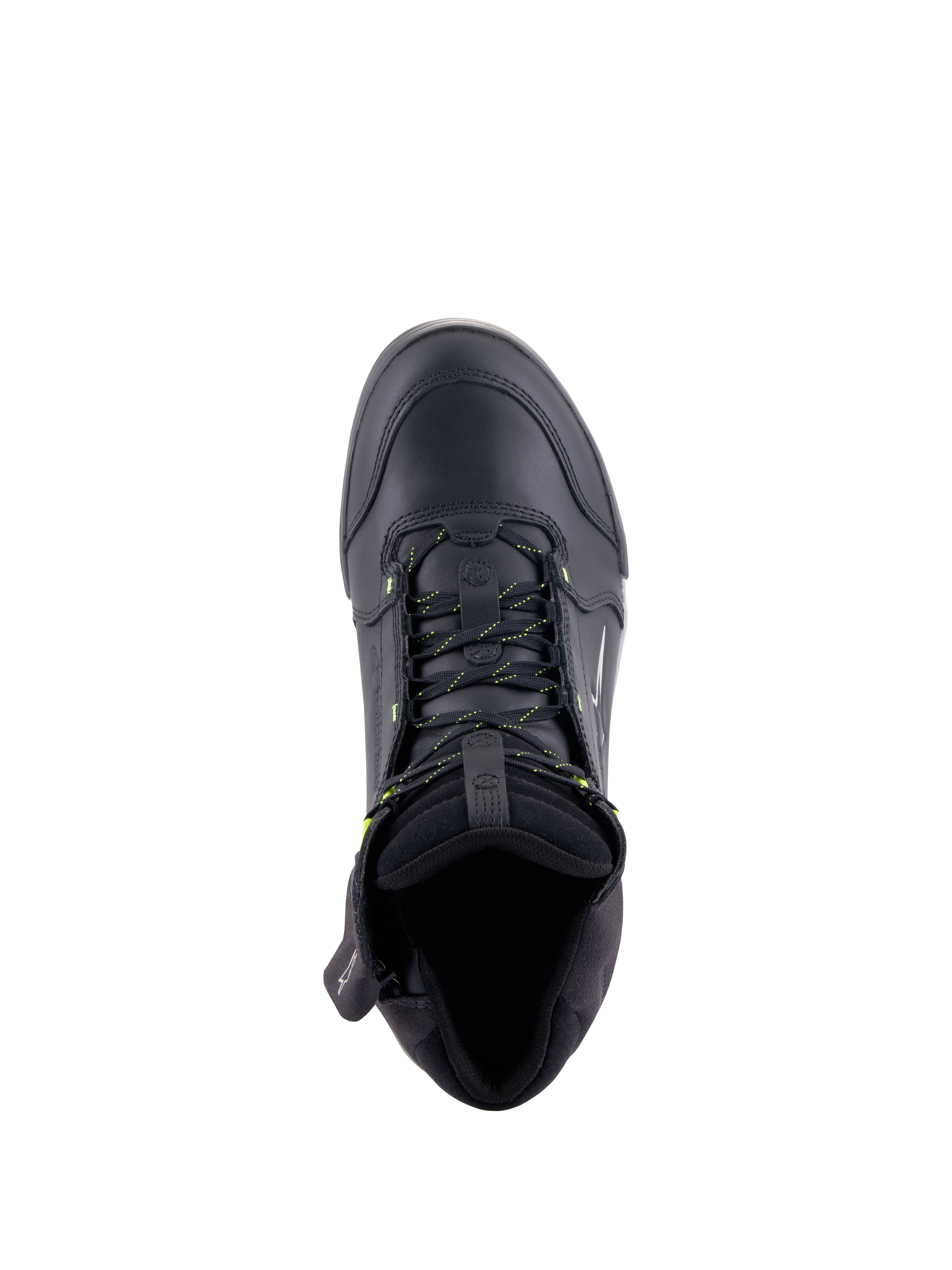 Alpinestars Chrome Drystar® Shoes, urban motorcycle riding shoes, Black and Yellow Fluo, top-down view showing premium leather construction, yellow-accented laces, and padded collar for comfort