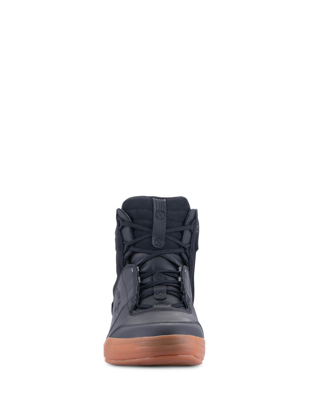 Zapatos Alpinestars Chrome Drystar®, Negro y Caramelo, vista frontal de calzado urbano para moto, estilo zapatilla casual de caña alta con cordones, construcción en cuero y ante con suela de goma marrón