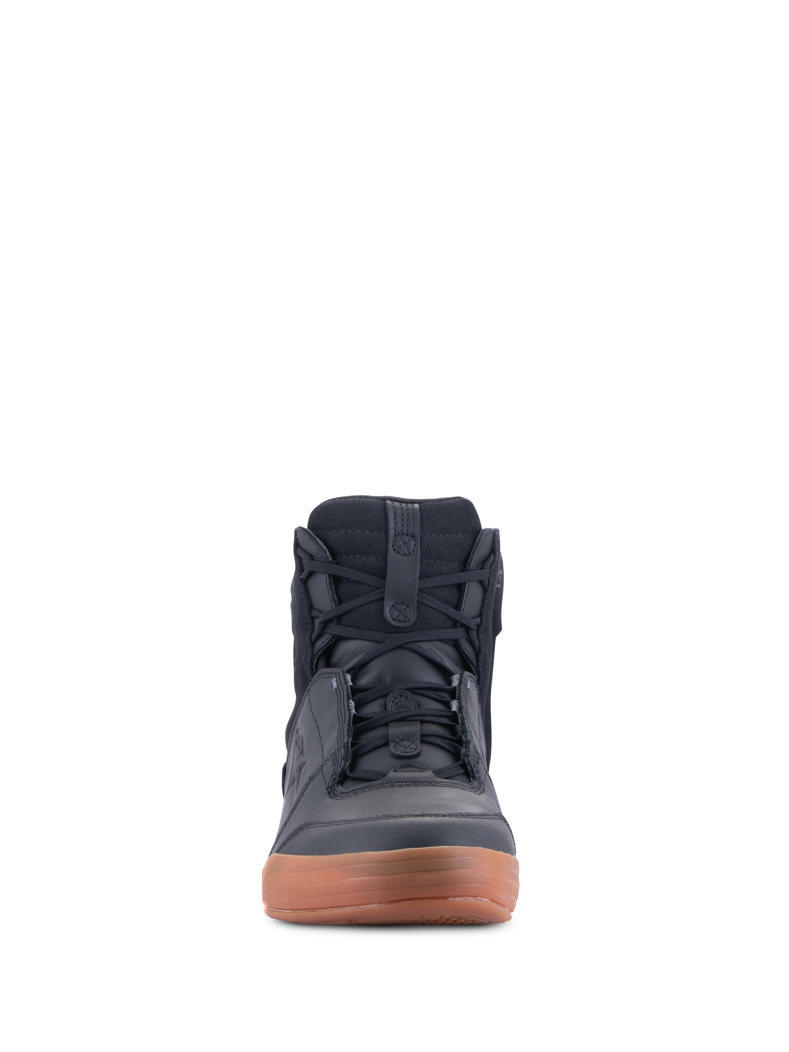 Zapatos Alpinestars Chrome Drystar®, Negro y Caramelo, vista frontal de calzado urbano para moto, estilo zapatilla casual de caña alta con cordones, construcción en cuero y ante con suela de goma marrón