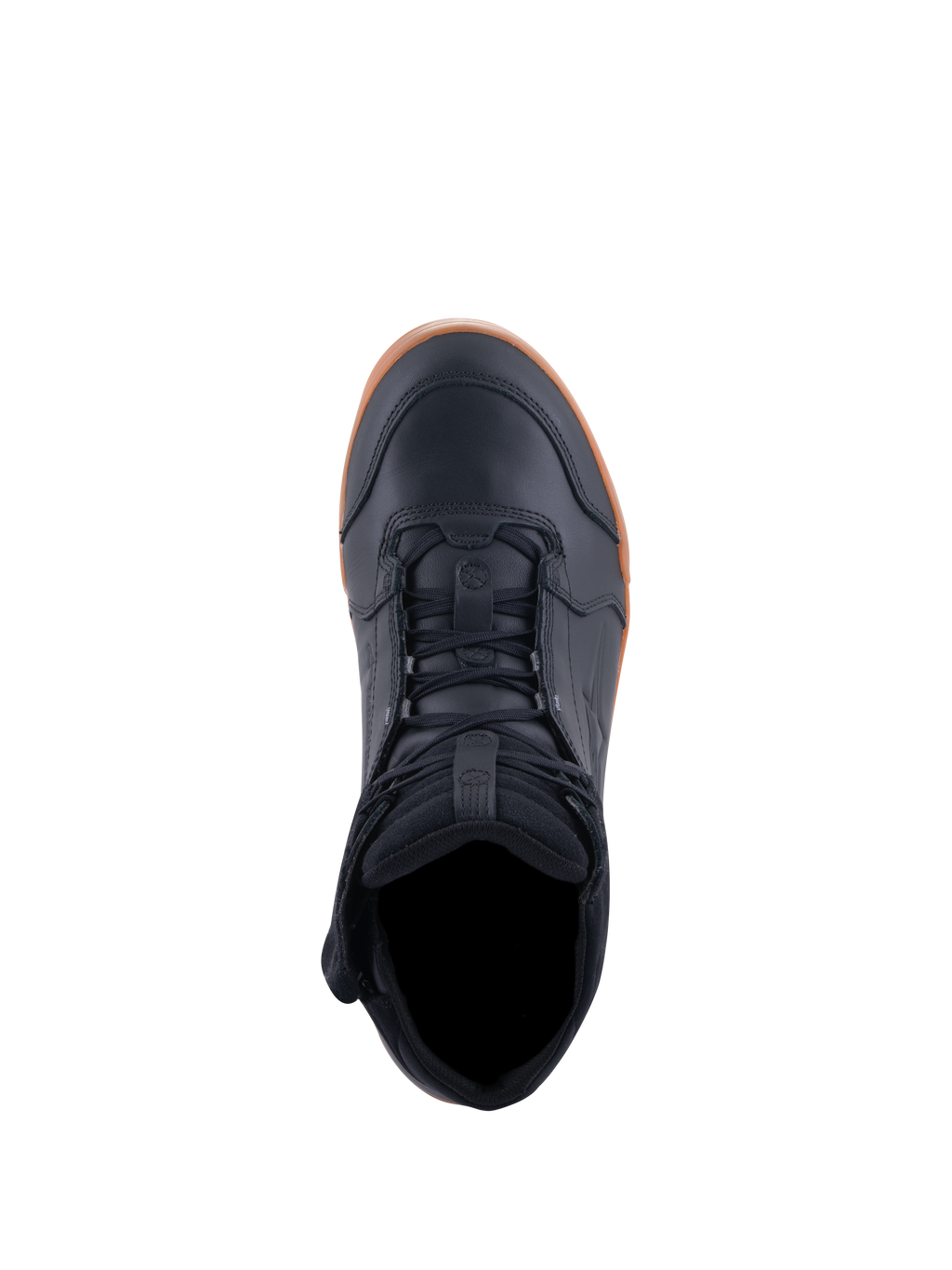 Alpinestars Chrome Drystar® Shoes, zapatos de moto, negro y color caramelo, vista superior que muestra los cordones y el cuello acolchado, diseño urbano casual con parte superior de cuero y suela de goma