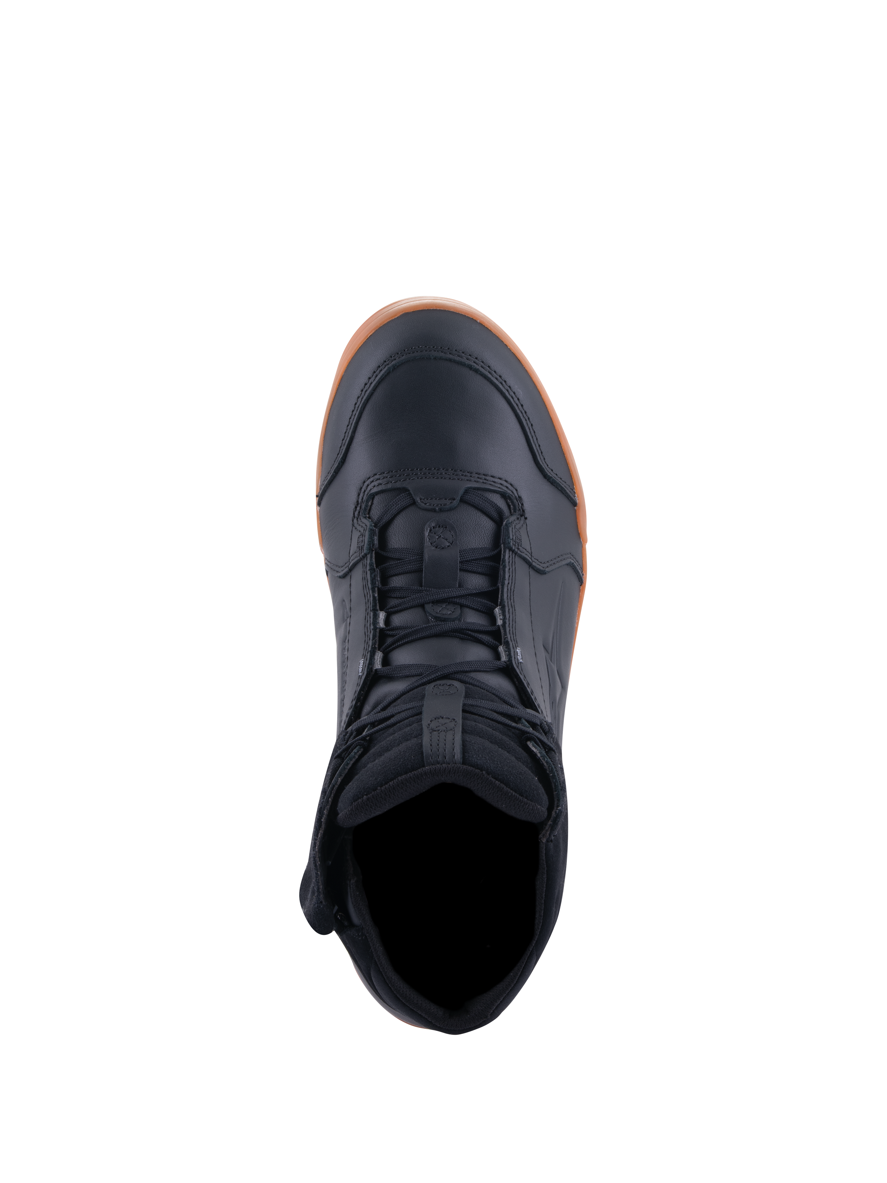 Alpinestars Chrome Drystar® Shoes, zapatos de moto, negro y color caramelo, vista superior que muestra los cordones y el cuello acolchado, diseño urbano casual con parte superior de cuero y suela de goma