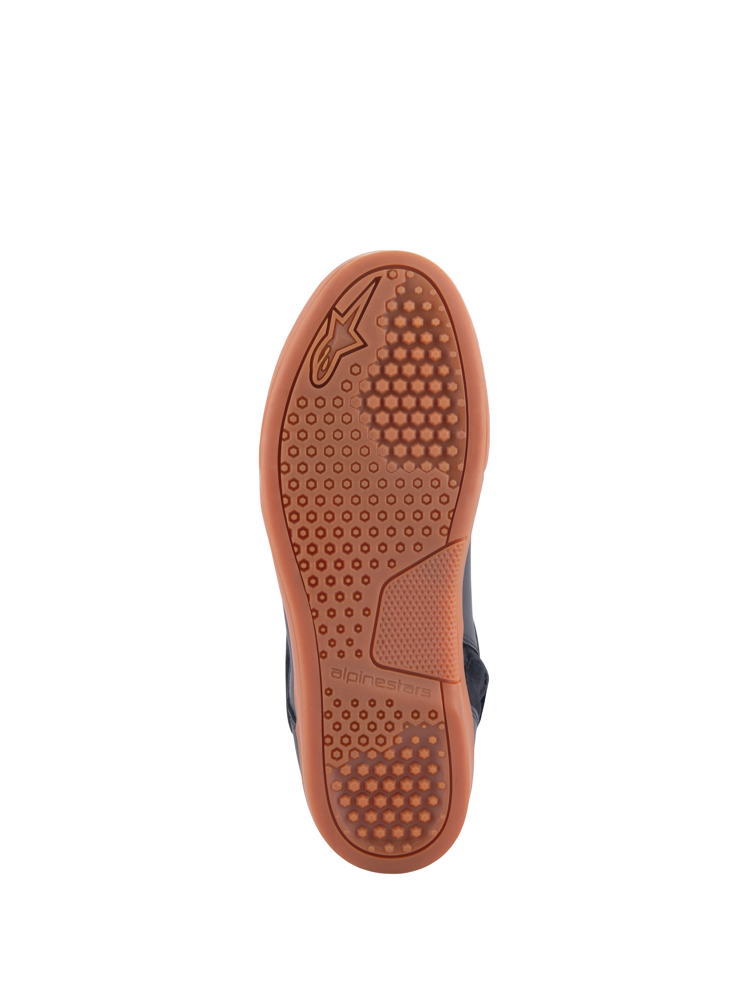 Zapatos Alpinestars Chrome Drystar®, vista de la suela, suela de goma color caramelo con patrón de agarre hexagonal, calzado de moto urbano y casual, combinación de colores Black Black Gum