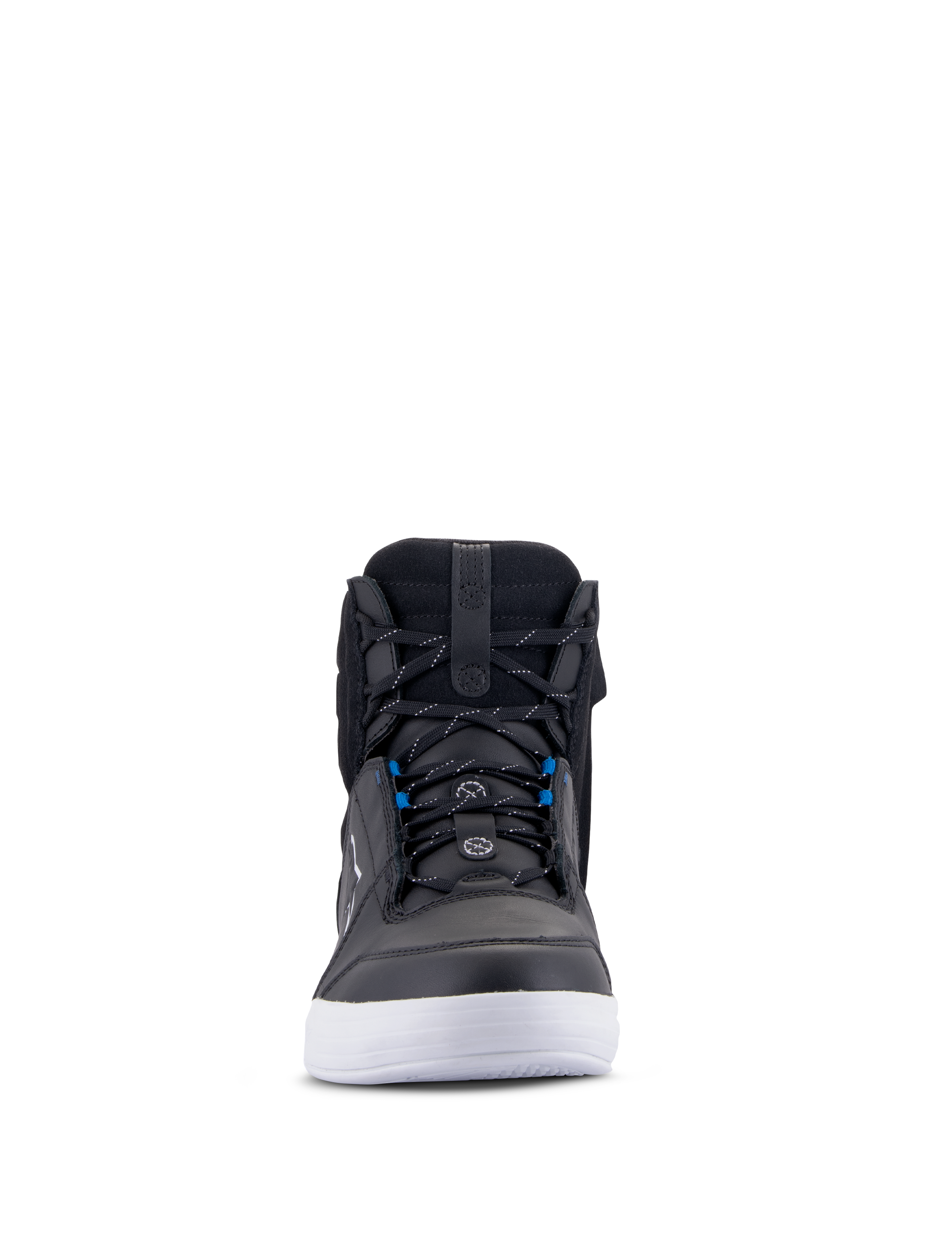 Zapatos Alpinestars Chrome Drystar®, zapatos de moto urbanos, negros, blancos y azules, vista frontal que muestra la parte superior de cuero negro, suela blanca, detalles azules en los cordones, diseño casual de caña alta para conducción urbana