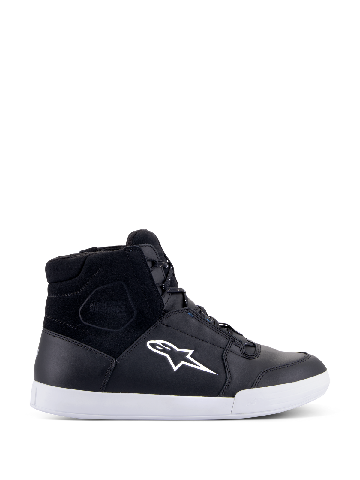 Alpinestars Chrome Drystar Shoes, Black high-top motorcycle sneakers with a white star logo and sole, waterproof leather and suede upper, urban riding footwear featuring a padded ankle collar