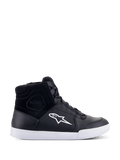 Alpinestars Chrome Drystar Shoes, zapatillas de moto de caña alta negras con logo de estrella y suela blancos, parte superior de cuero y ante impermeable, calzado de conducción urbana con cuello acolchado