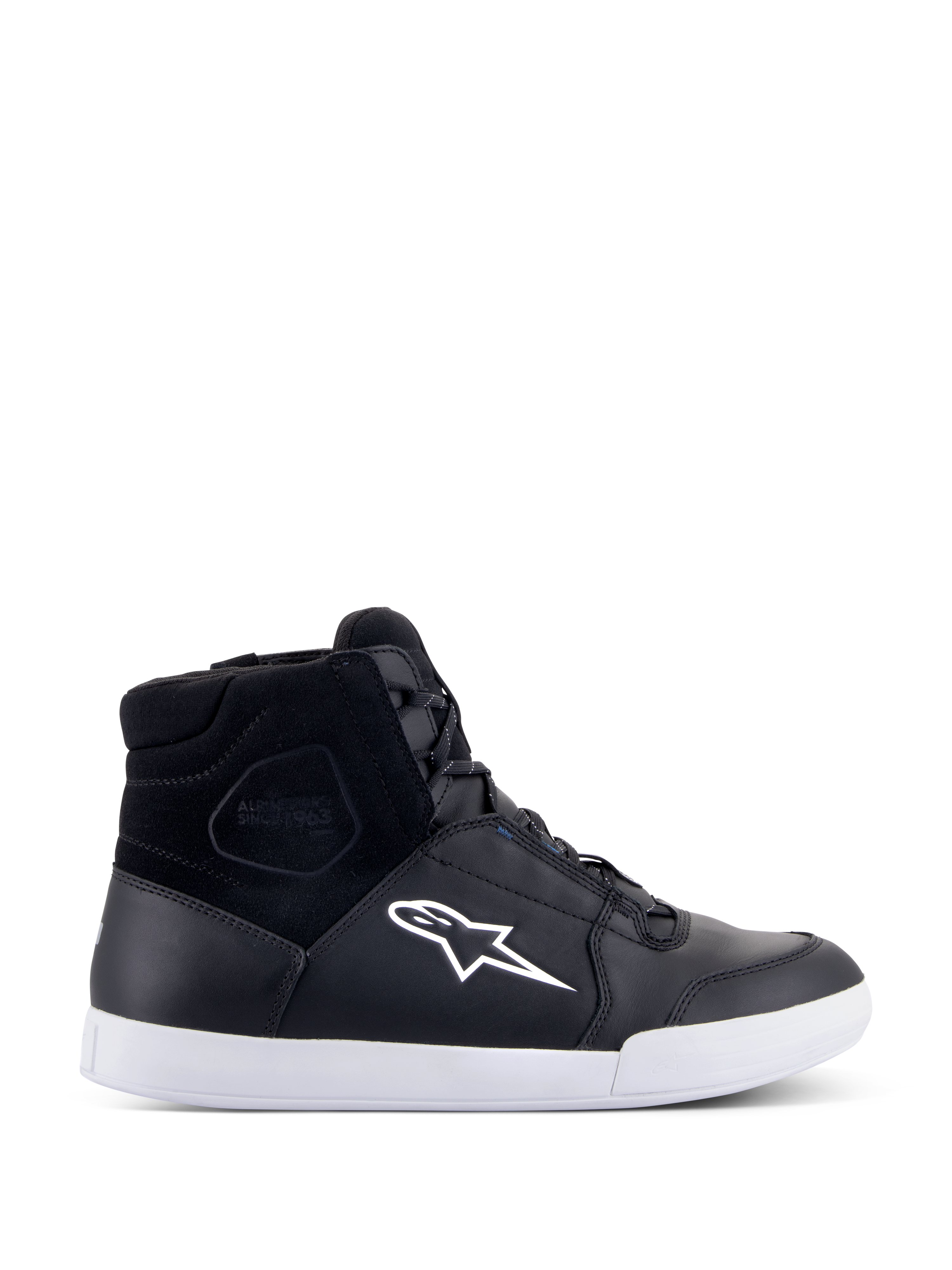 Alpinestars Chrome Drystar Shoes, zapatillas de moto de caña alta negras con logo de estrella y suela blancos, parte superior de cuero y ante impermeable, calzado de conducción urbana con cuello acolchado