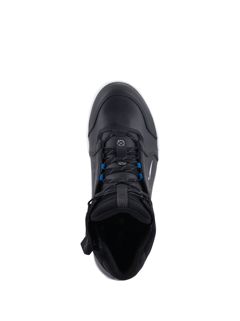 Alpinestars Chrome Drystar® Shoes, zapatos urbanos para motociclismo, negro, blanco y azul, vista superior con cordones negros y detalles azules, construcción en cuero de primera calidad y diseño protector de estilo urbano