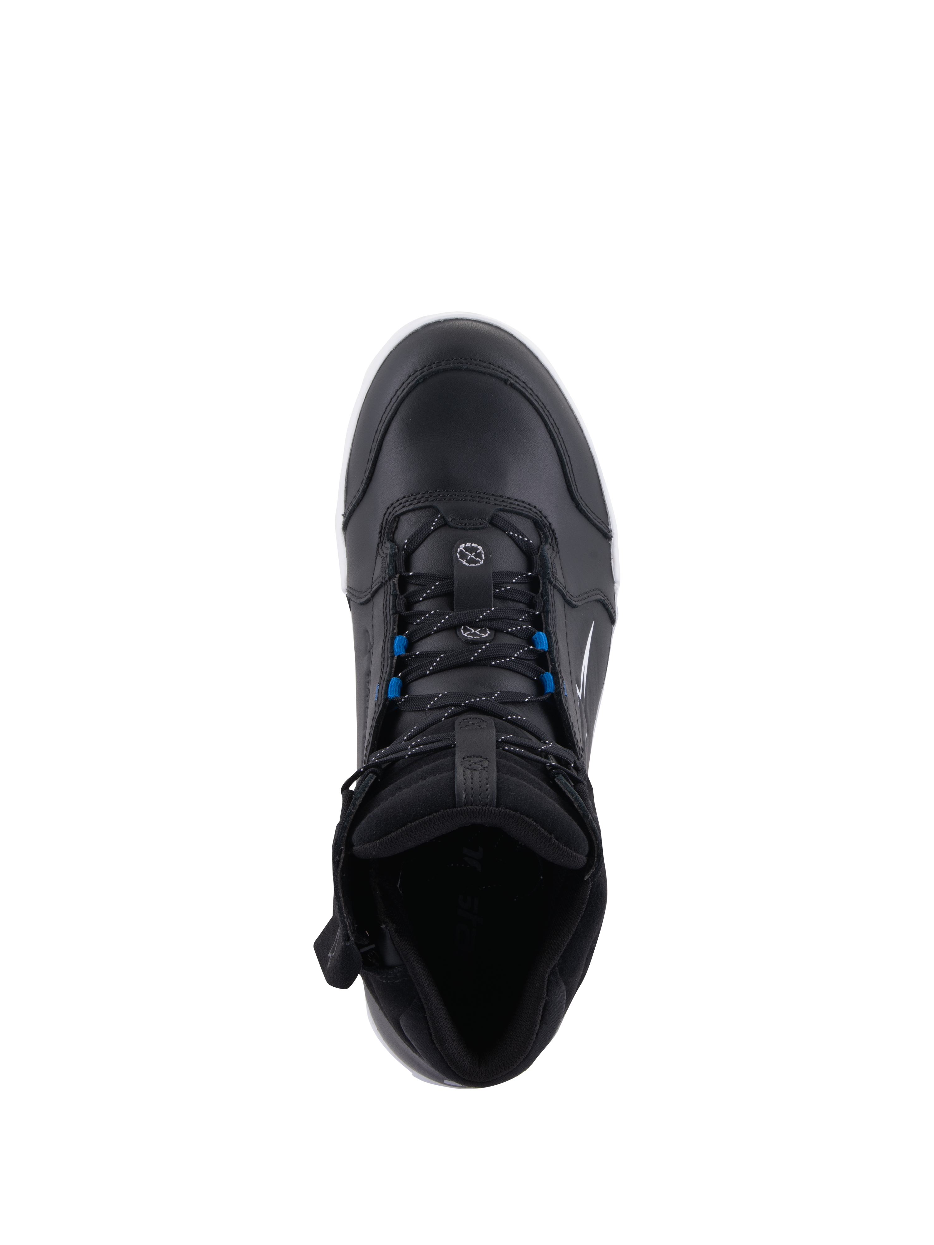 Alpinestars Chrome Drystar® Shoes, zapatos urbanos para motociclismo, negro, blanco y azul, vista superior con cordones negros y detalles azules, construcción en cuero de primera calidad y diseño protector de estilo urbano