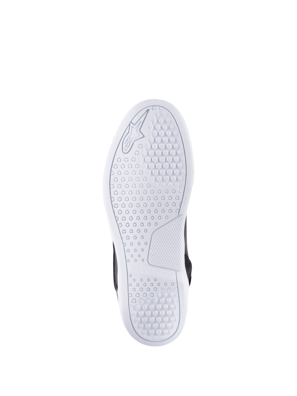Zapatos Alpinestars Chrome Drystar®, vista inferior de la suela, blanca, con un patrón de agarre hexagonal para mayor tracción, logotipo y marca Alpinestars en relieve, calzado urbano casual para moto