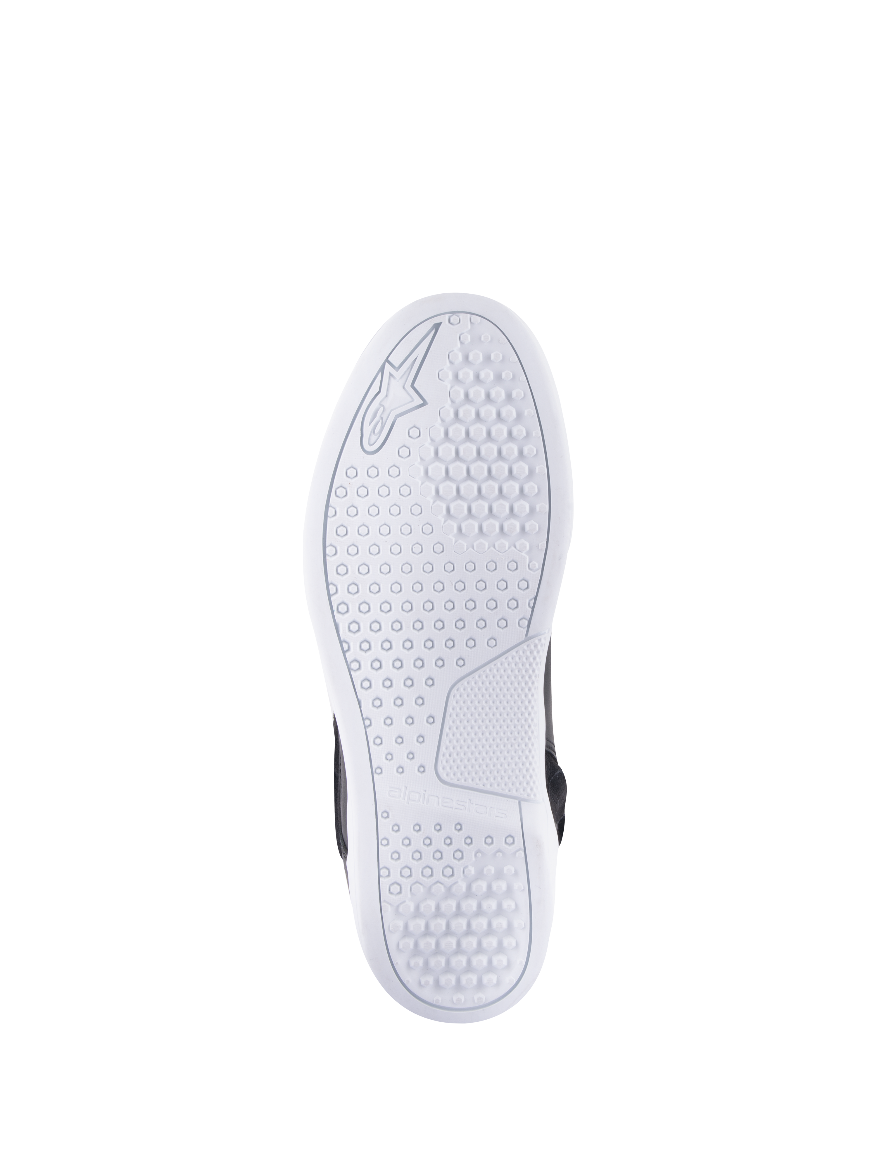Zapatos Alpinestars Chrome Drystar®, vista inferior de la suela, blanca, con un patrón de agarre hexagonal para mayor tracción, logotipo y marca Alpinestars en relieve, calzado urbano casual para moto