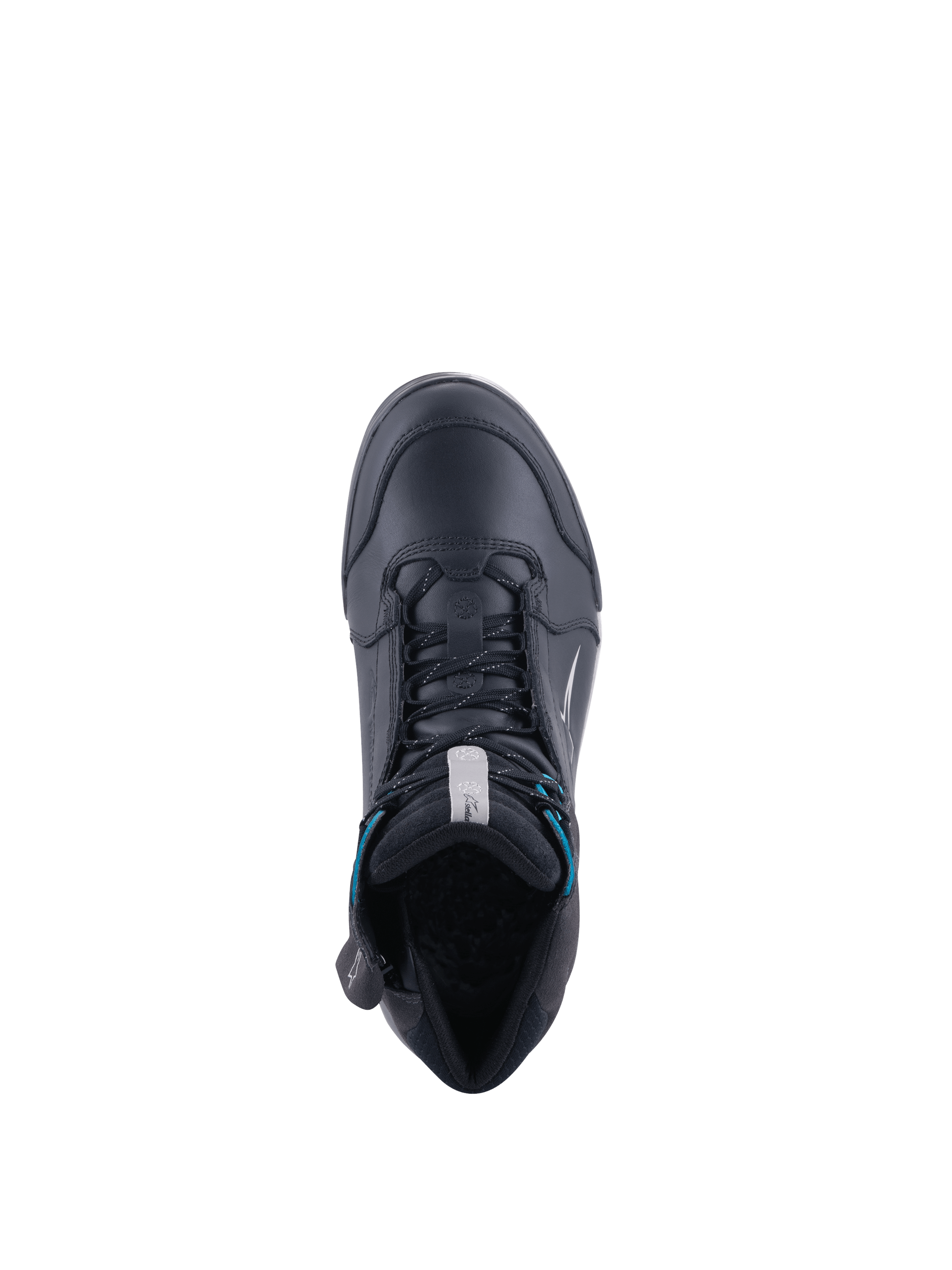 Alpinestars Chrome Drystar, zapatos de moto para mujer, negros con detalles en turquesa, impermeables, calzado urbano en vista superior