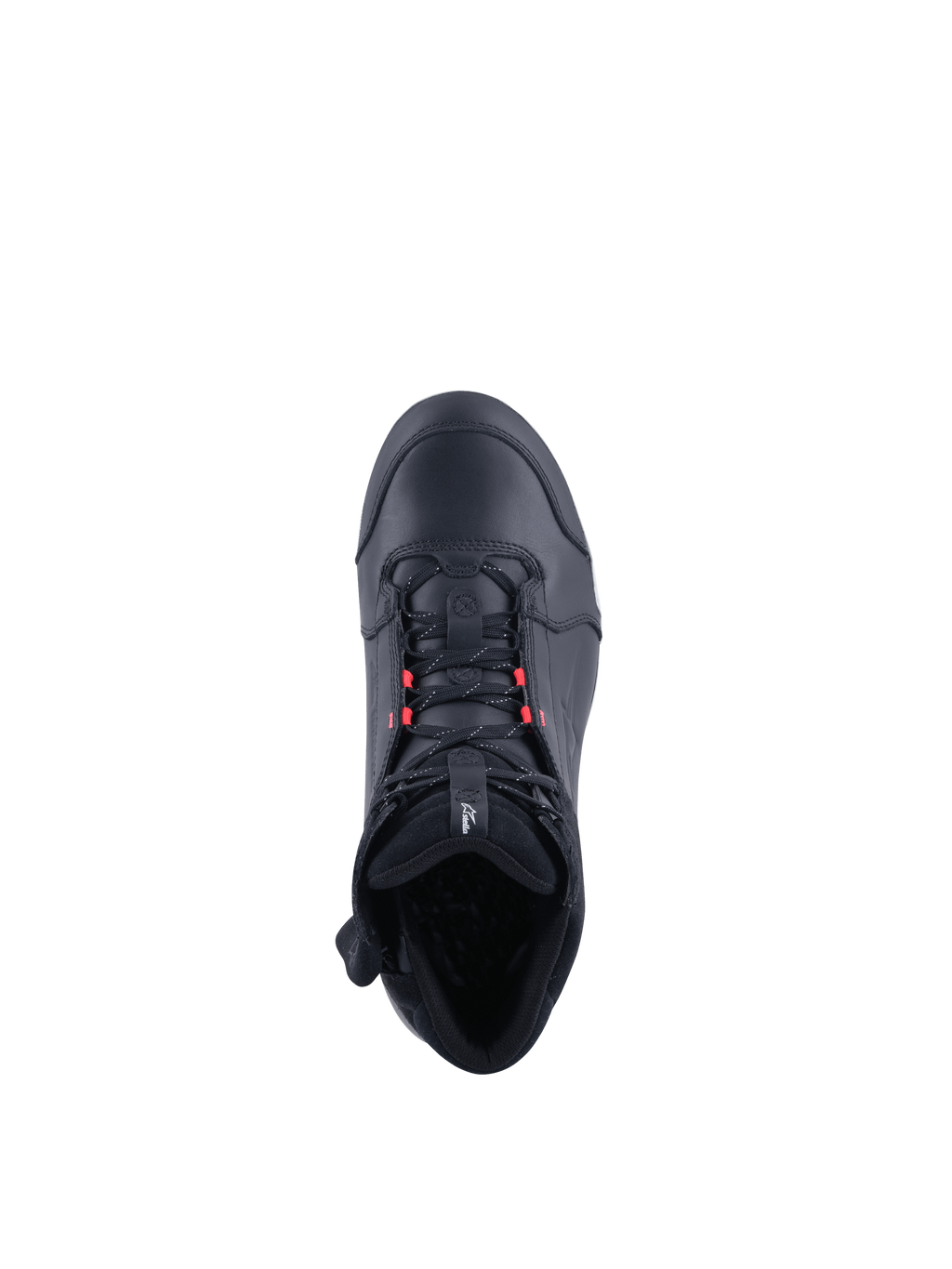 Alpinestars Stella Chrome Drystar Women's Riding Shoes, waterproof black leather motorcycle sneakers with pink accents, top view.