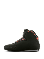 Alpinestars Sektor Waterproof Shoes, zapatillas para motociclismo, negro, gris oscuro y rojo flúor, vista de perfil lateral con diseño de caña alta, correa de velcro en el tobillo, protector de cambio reforzado en la puntera y detalles rojos estampados alrededor del cuello