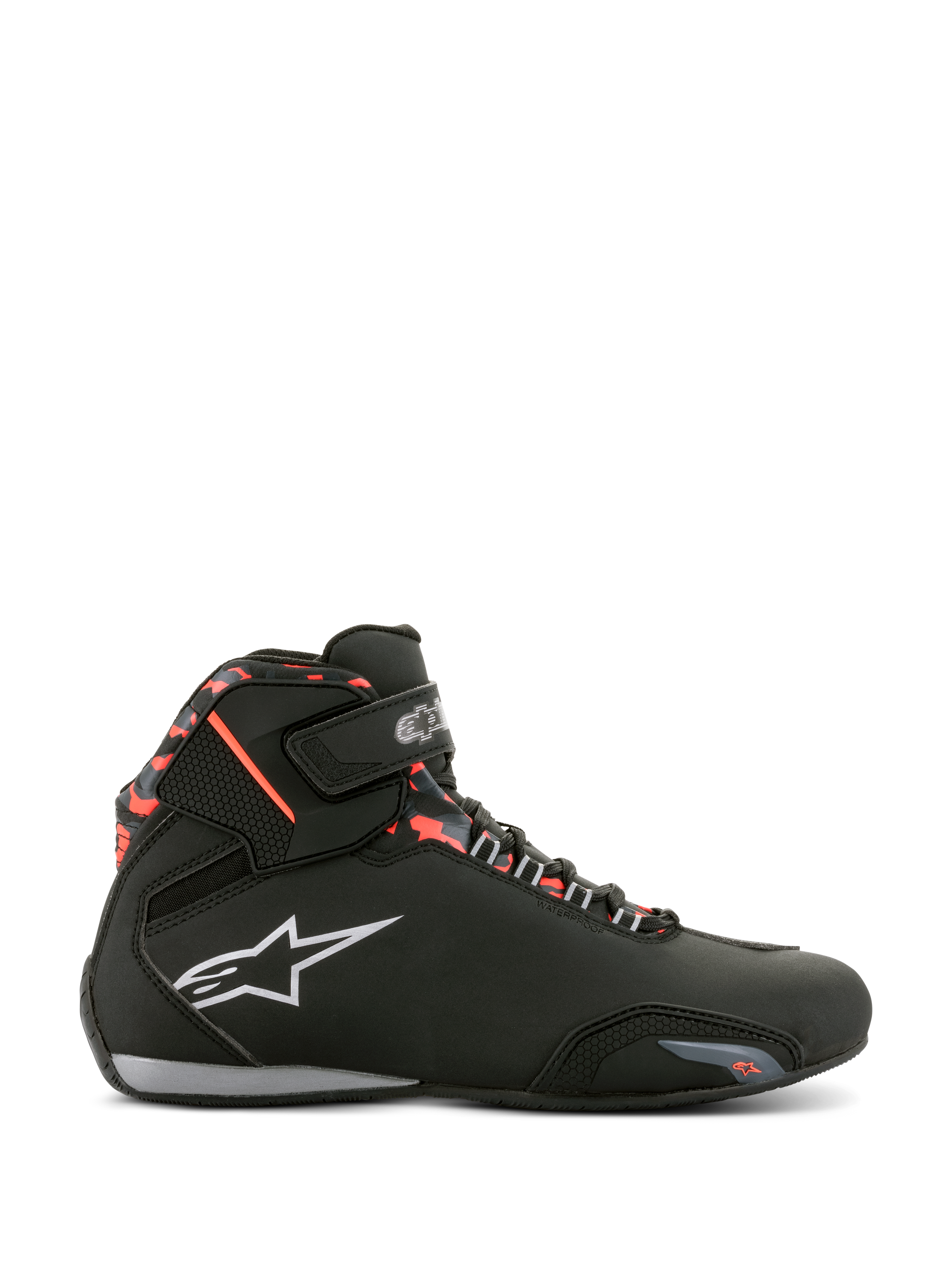 Alpinestars Sektor Waterproof Shoes, Black with Dark Gray and Red Fluo accents, side profile of a motorcycle riding shoe, features white Alpinestars logo, red camouflage pattern on the ankle, velcro strap, and waterproof construction for road riding