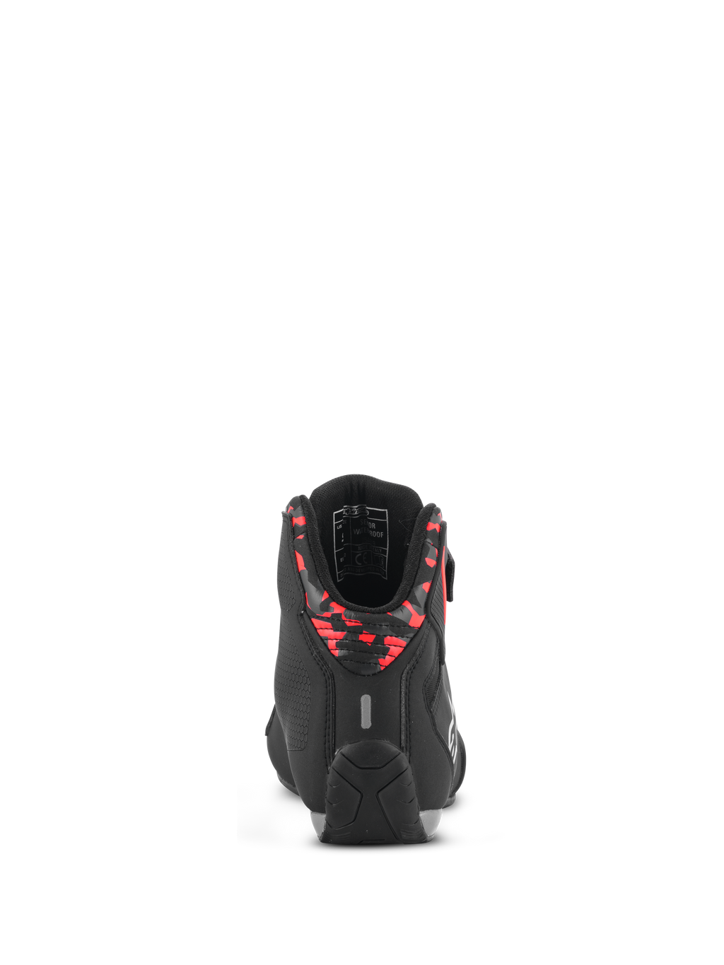 Zapatillas Alpinestars Sektor Waterproof, calzado de conducción para moto, negro, gris oscuro y rojo flúor, vista trasera que muestra el cuello del talón con patrón, detalle reflectante y suela de goma duradera, construcción en microfibra ligera