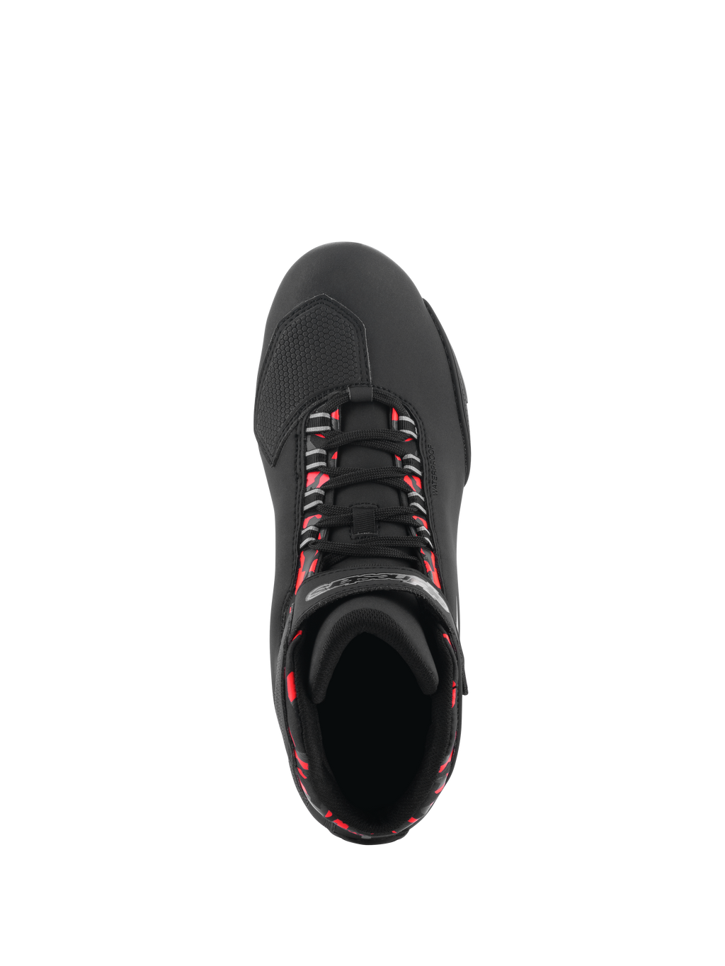 Alpinestars Sektor Waterproof Shoes, zapatillas de moto, negro, gris oscuro y rojo flúor, vista superior que muestra cordones negros con detalles en rojo fluorescente, puntera texturizada para el cambio y construcción estilizada de microfibra