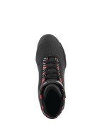 Alpinestars Sektor Waterproof Shoes, zapatillas de moto, negro, gris oscuro y rojo flúor, vista superior que muestra cordones negros con detalles en rojo fluorescente, puntera texturizada para el cambio y construcción estilizada de microfibra