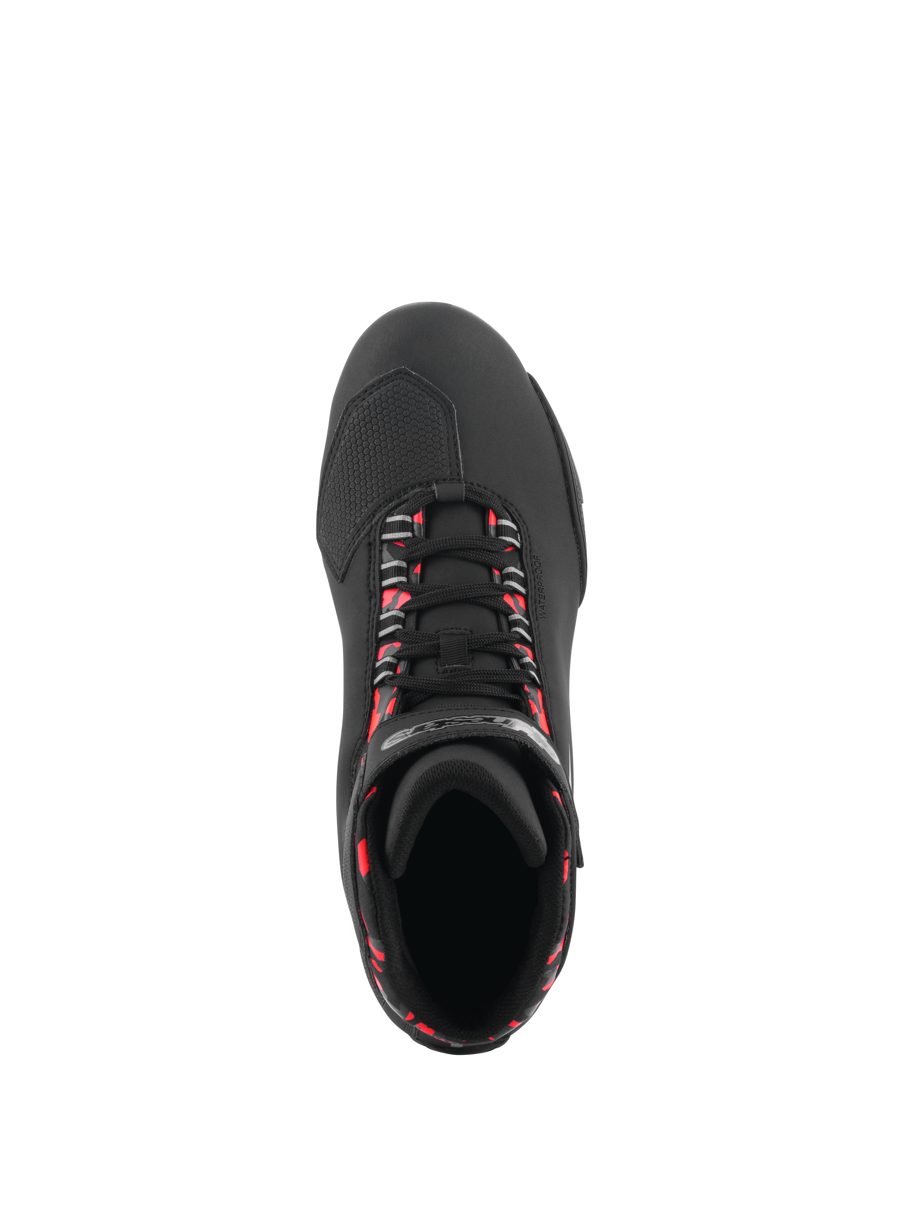 Alpinestars Sektor Waterproof Shoes, zapatillas de moto, negro, gris oscuro y rojo flúor, vista superior que muestra cordones negros con detalles en rojo fluorescente, puntera texturizada para el cambio y construcción estilizada de microfibra