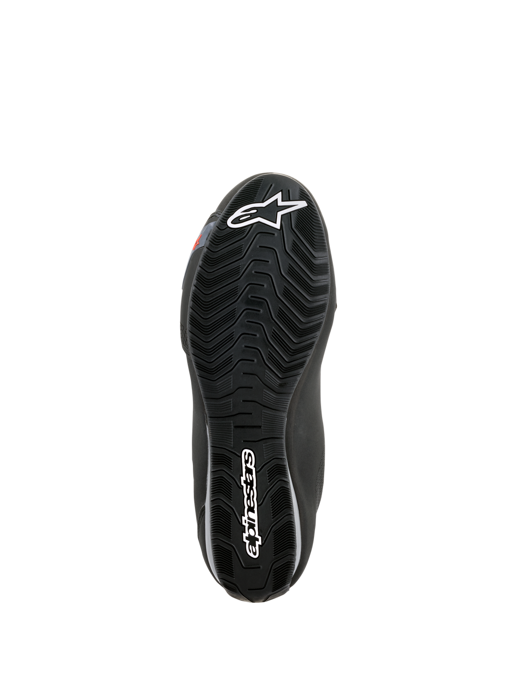 Zapatos Alpinestars Sektor Waterproof, vista de la suela, caucho negro con dibujo de ondas para la evacuación de agua, con logotipo Astars blanco y marca Alpinestars, diseñados para ofrecer agarre y soporte en el reposapiés de la motocicleta