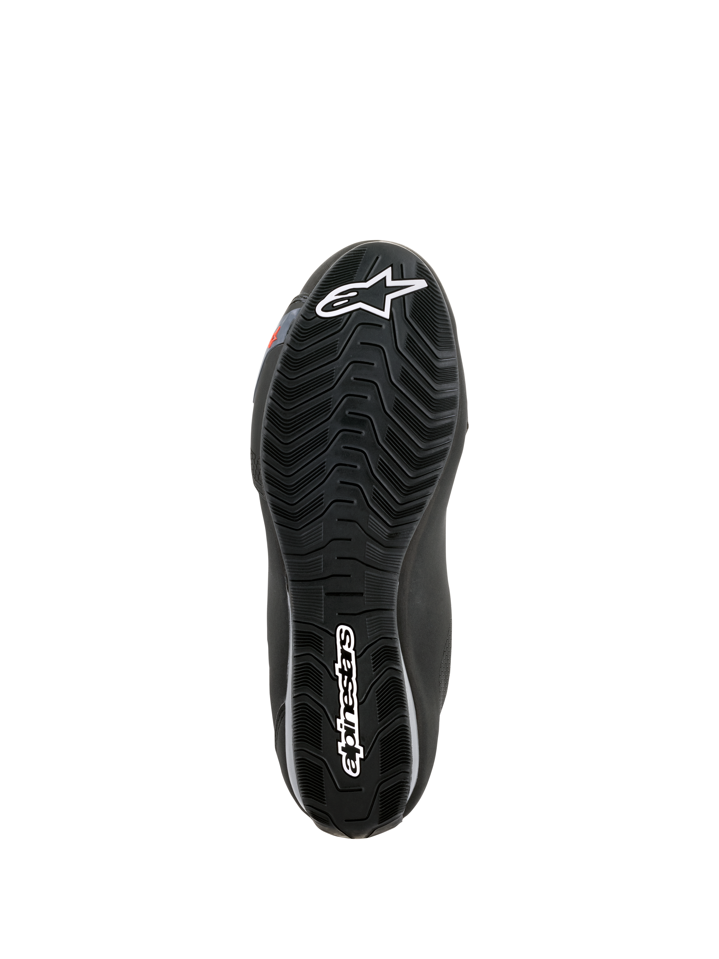 Zapatos Alpinestars Sektor Waterproof, vista de la suela, caucho negro con dibujo de ondas para la evacuación de agua, con logotipo Astars blanco y marca Alpinestars, diseñados para ofrecer agarre y soporte en el reposapiés de la motocicleta