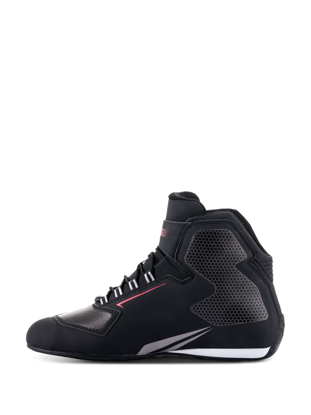 Zapatos Alpinestars Sektor Waterproof, calzado para motociclismo, negro, blanco y gris, vista de perfil lateral, chasis de microfibra ligera con paneles grises con patrón de panal, línea de acento roja y detalle de suela blanca, equipamiento impermeable para carretera