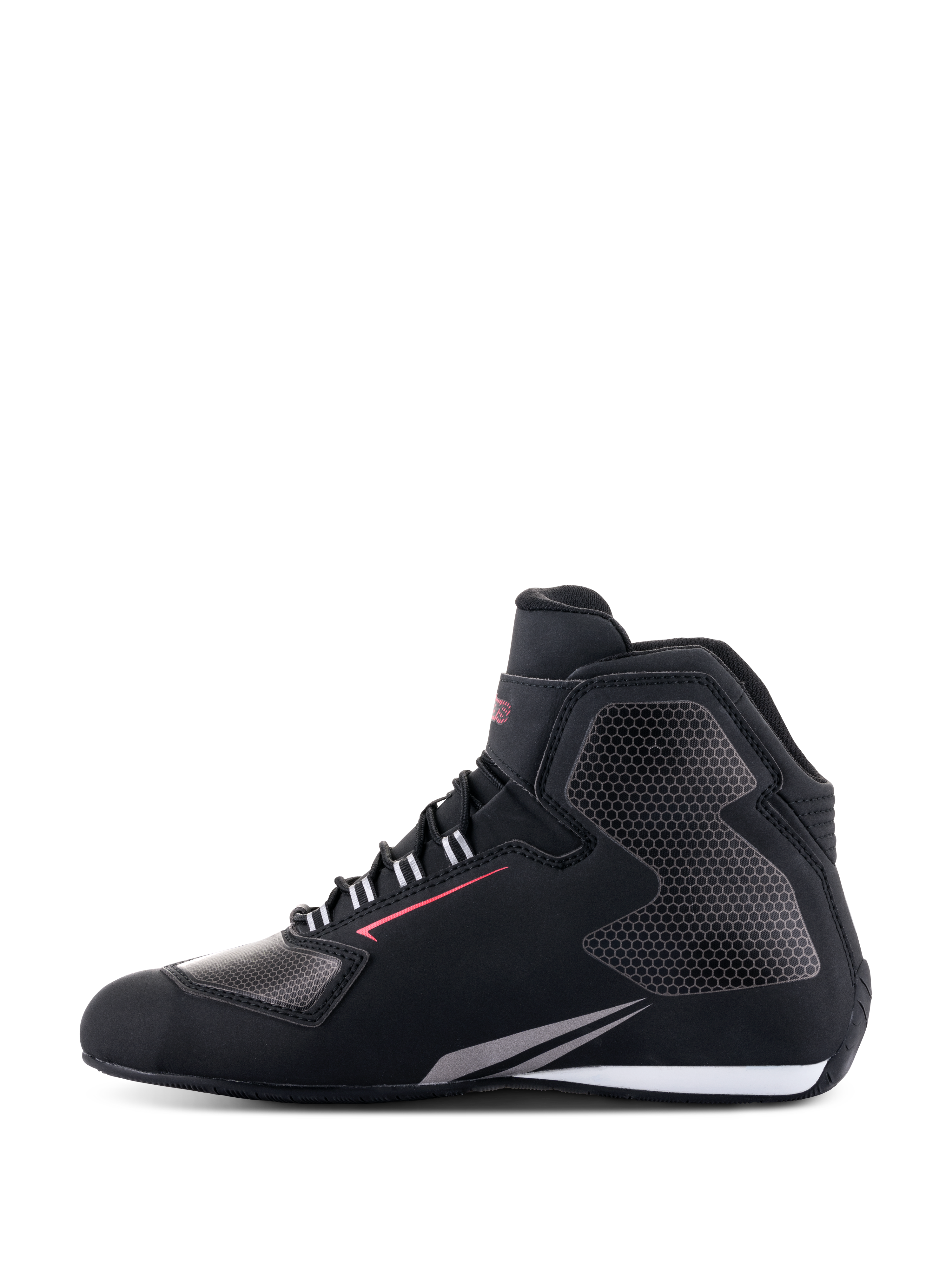 Zapatos Alpinestars Sektor Waterproof, calzado para motociclismo, negro, blanco y gris, vista de perfil lateral, chasis de microfibra ligera con paneles grises con patrón de panal, línea de acento roja y detalle de suela blanca, equipamiento impermeable para carretera