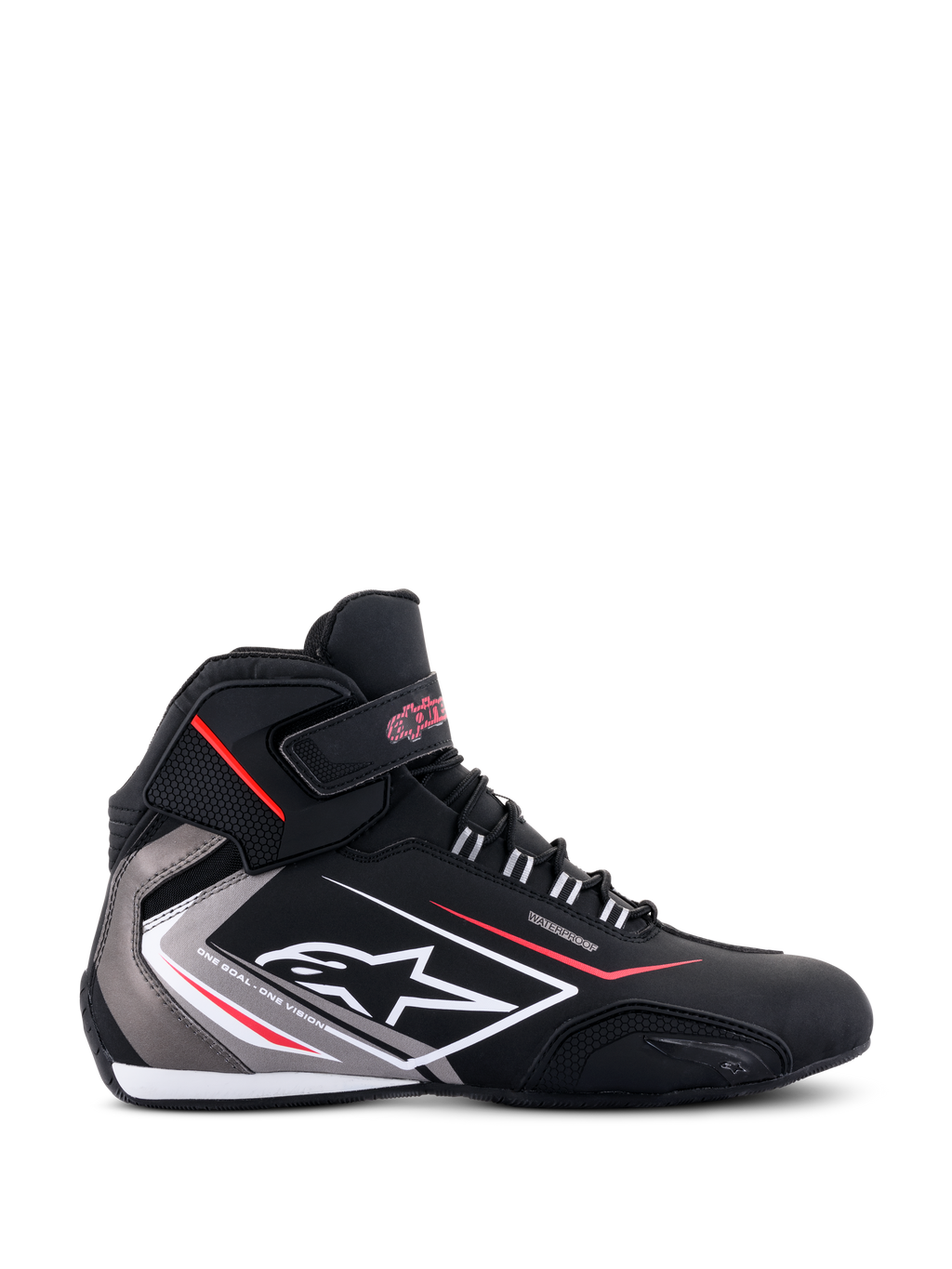 Alpinestars Sektor Waterproof Shoes, perfil lateral, negro con acentos en gris y blanco y detalles en rojo, con cordones, correa de velcro en el tobillo, logotipo de Alpinestars y distintivo 'Waterproof', calzado elegante para motociclismo.