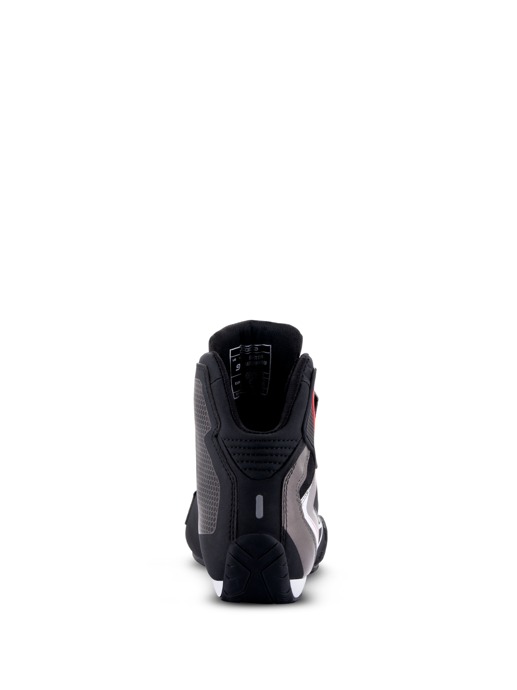 Alpinestars Sektor Waterproof Shoes, zapatos para motociclista, negro, blanco y gris, vista trasera que muestra la protección del talón, chasis de microfibra y suela de caucho duradera.